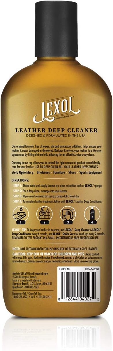 Lexol All Leather Cleaner for Car Interior, Couches and Furniture, Shoes and Boots, Purses and Handbags, Baseball Gloves and Horse Saddles, and More, 16.9 oz