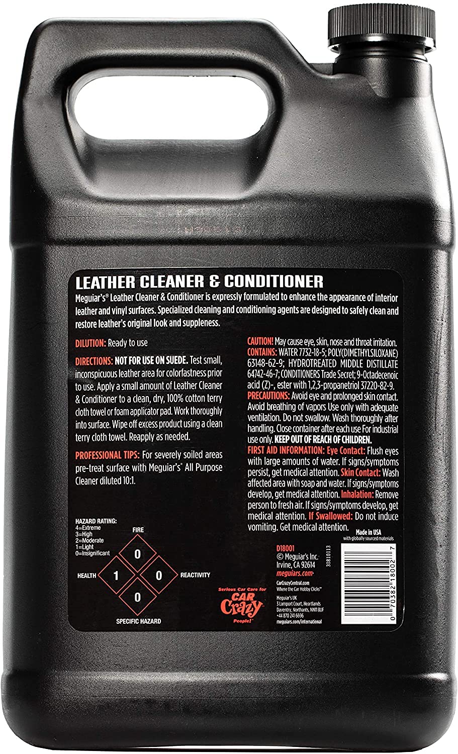 Meguiar’s Professional Leather Cleaner & Conditioner D18001 - 1 Gallon Leather Cleaner & Conditioner Specifically Formulated for Automotive Leather Care, Delivers Professional Results, 128 Oz