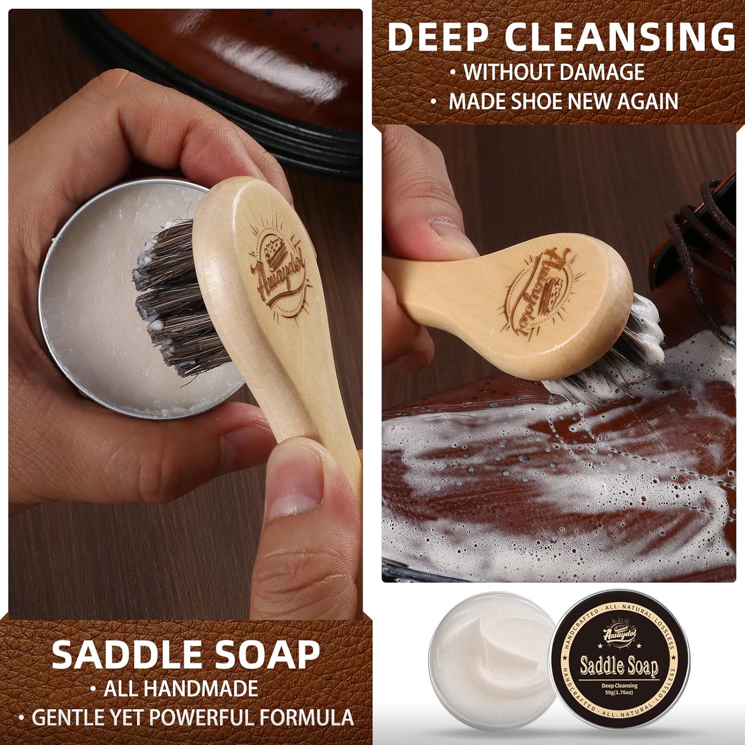 Alternative view of 10 PCS Leather Care Kit - Horsehair Brushes,Saddle Soap,Waterproofing Wax,Mink Oil Conditioner,Polishing Cloth,Microfiber cloth,Boot Shoe Shine Cleaning Kit Gift for Men Cowboy Husband Dad ﻿