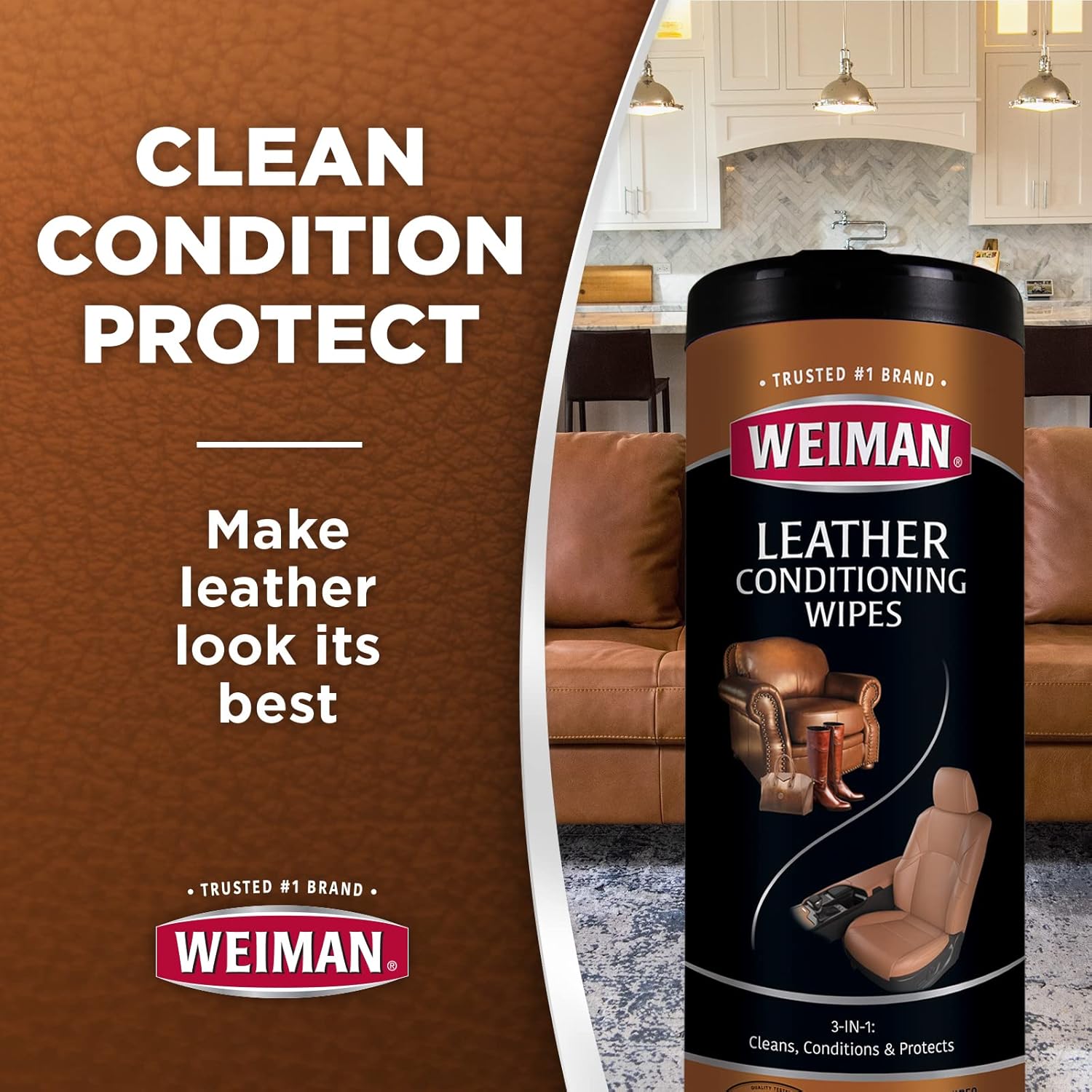 Alternative view of Weiman Leather Wipes - 3 Pack - Clean, Condition, Ultra Violet Protection Help Prevent Cracking or Fading of Leather Furniture, Car Seats and Interior, Shoes