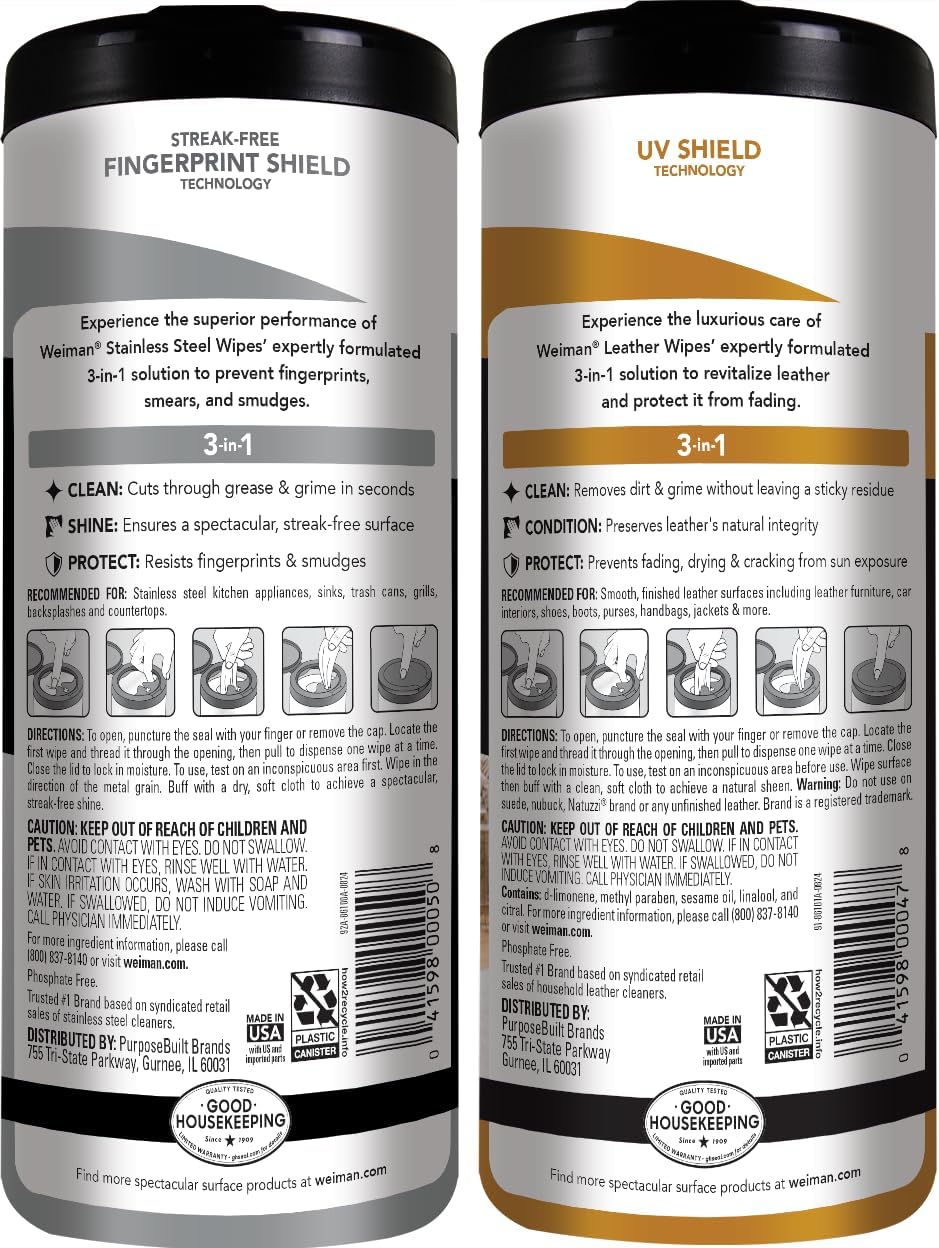 Weiman Stainless Steel Wipes and Leather Wipes - Clean and Polish Appliances for a Brighter and Longer Shine - Clean, Condition and Restore Leather Surfaces - Packaging May Vary