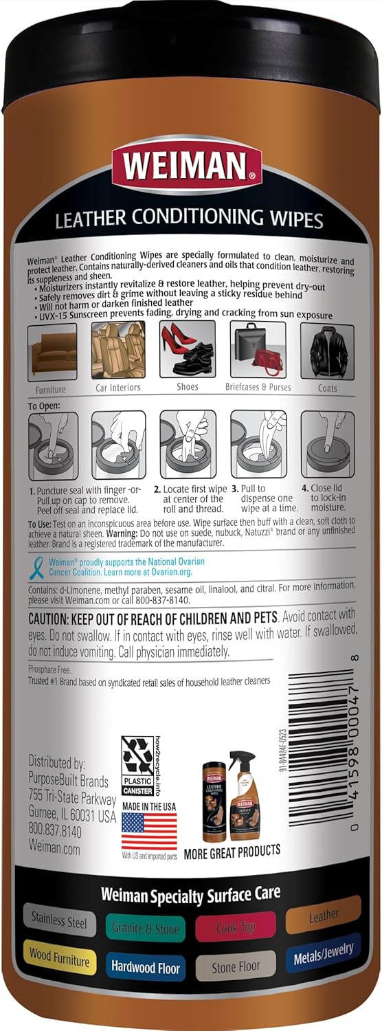 Weiman Leather Cleaner & Conditioner Wipes With UV Protection, Prevent Cracking Or Fading Of Leather Couches, Car Seats, Shoes, Purses - 30 ct