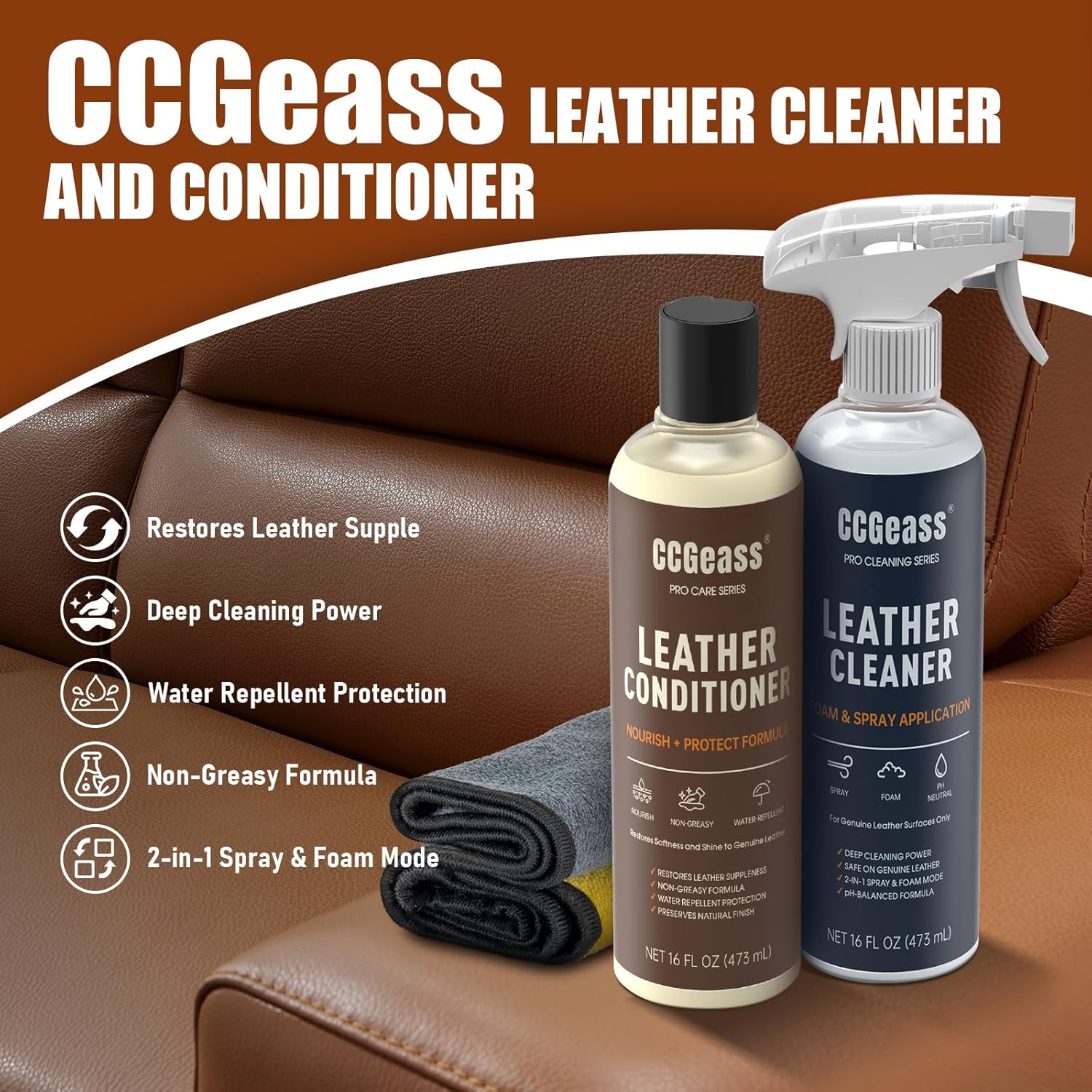 Leather Cleaner and Conditioner Kit – 2×16oz | Leather Cleaner for Car Seats, Furniture, Couches, Shoes & Boots | pH-Balanced, Non-Greasy, Restores & Protects All Leather