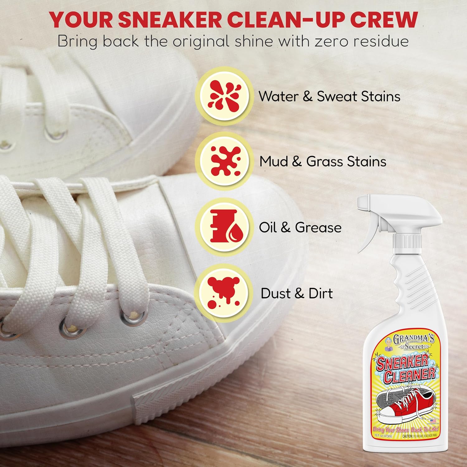 Grandma's Secret Sneaker Cleaner - for Rubber, Canvas, Leather, Stain Remover Spray Removes Dirt, Grime, Grass - Cleaner for Outdoor Shoes, Slippers, Moccasins - 16oz & 3oz Combo