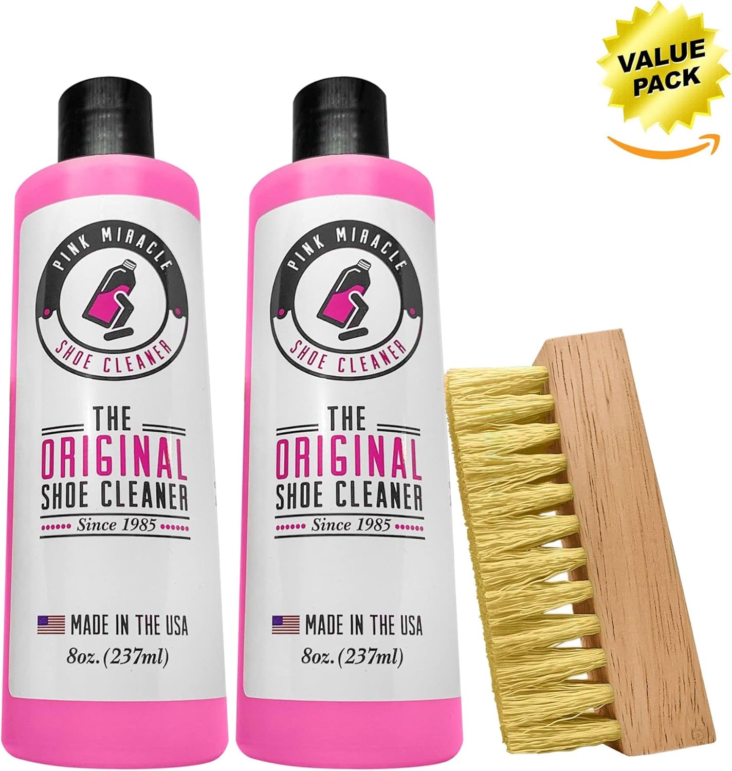 Pink Miracle Shoe Cleaner Kit Fabric Cleaner for Leather, Whites and Nubuck Sneakers Two Pack (Two Bottles/One Brush)