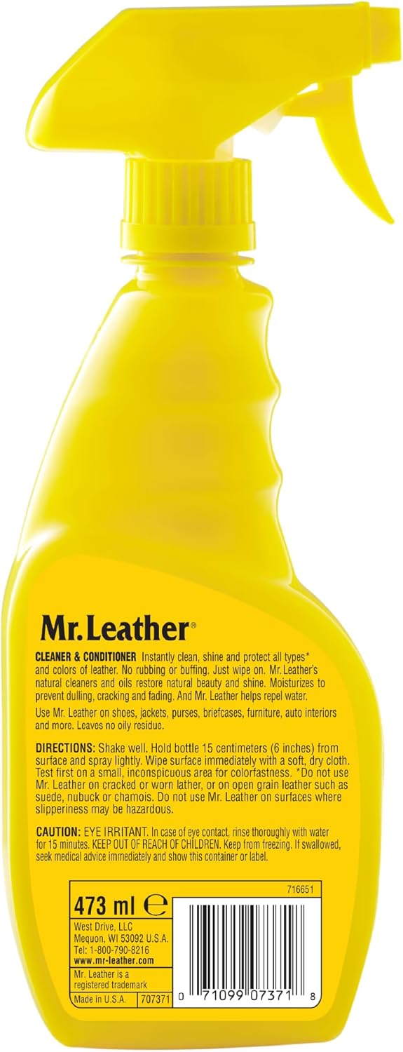 Cleaner and Conditioner - Safe for All Leather & Vinyl - Hydrate and Shine with Water-Repellent Protection for Couches, Car Interior, Shoes, and Bags (16 oz)