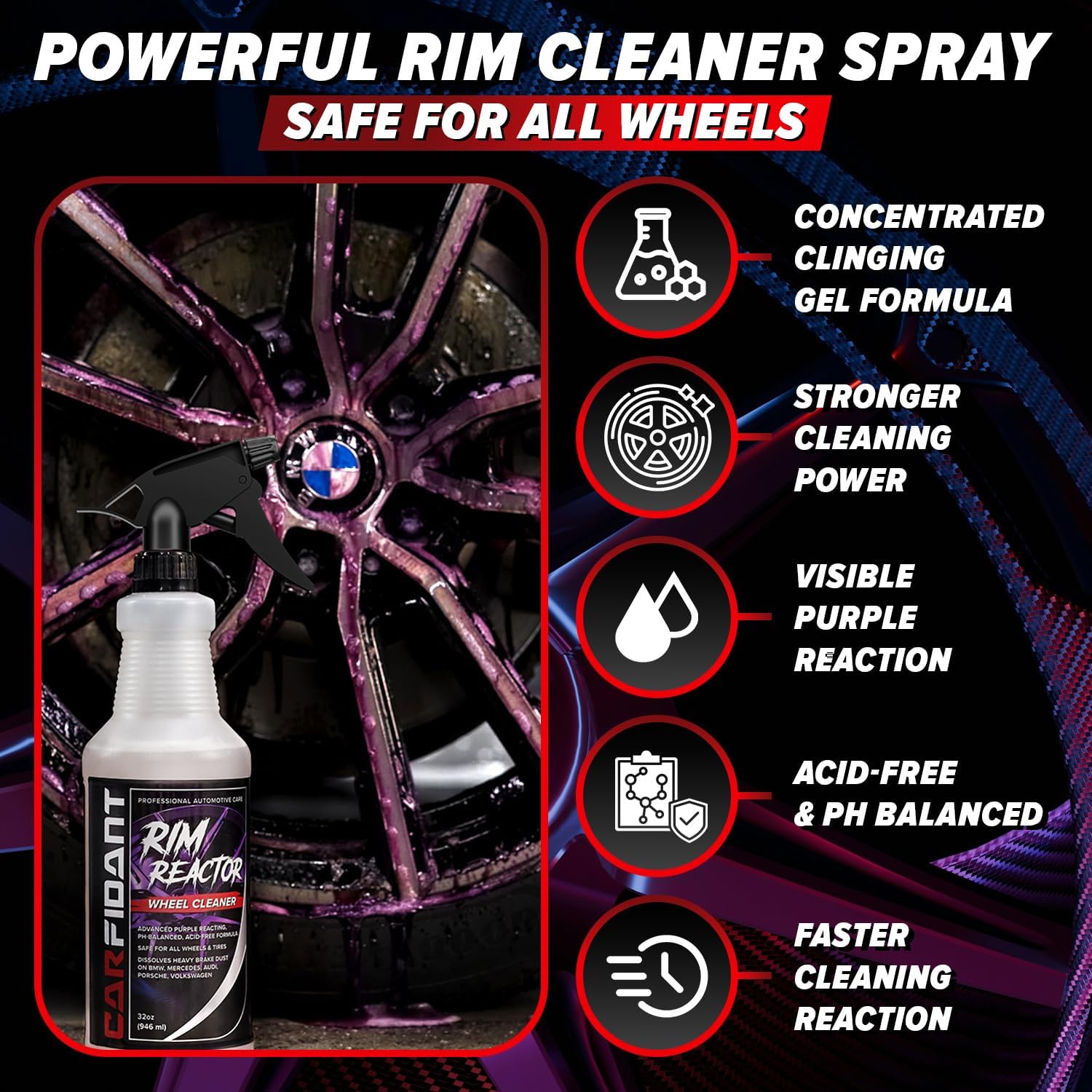 Carfidant Rim Reactor Wheel and Tire Cleaner Spray - Easily Removes Brake Dust & Grime - Safe for Aluminum, Chrome & Black Wheels - Ideal for BMW, Mercedes, Audi & Porsche Wheels - pH Neutral - 16oz