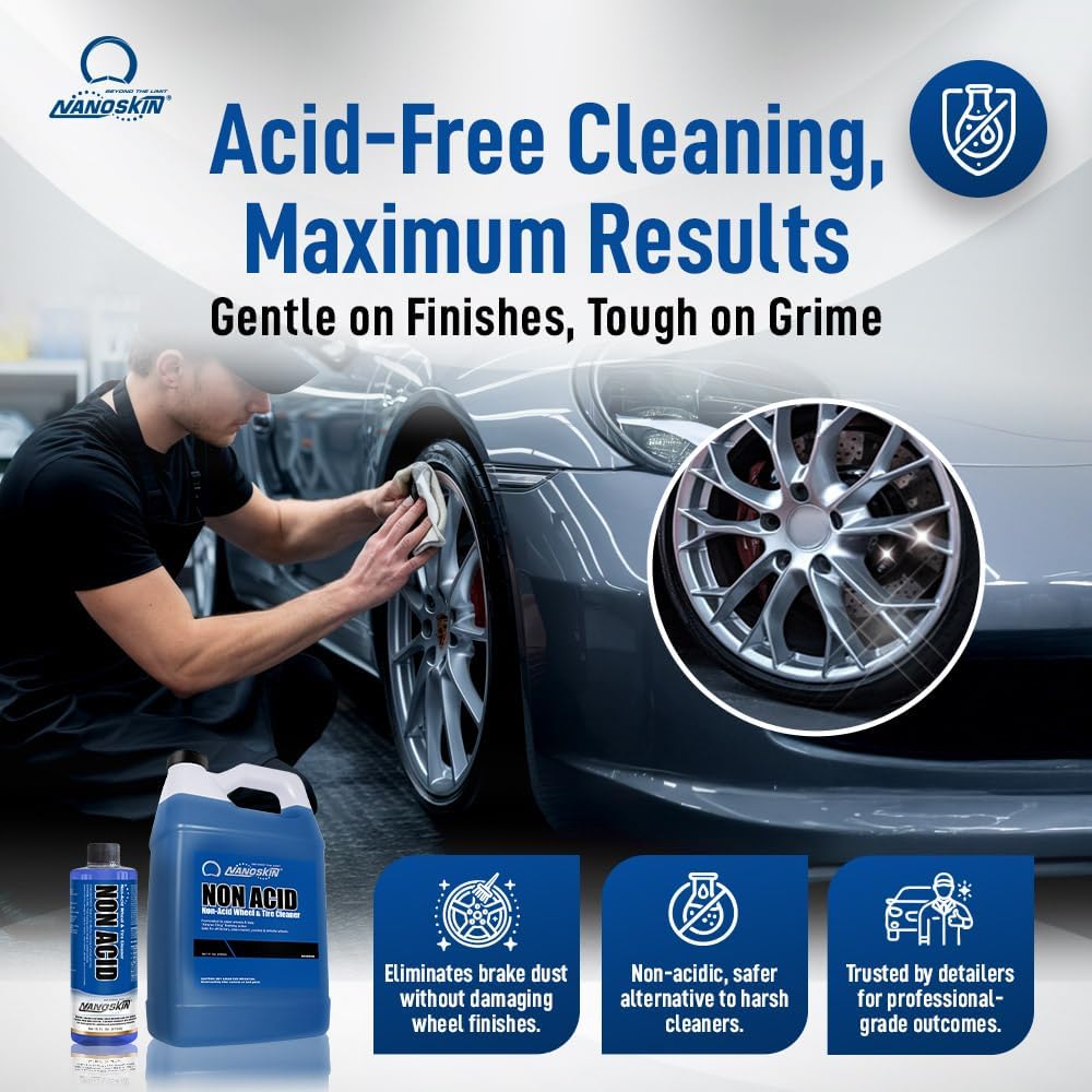 Nanoskin Non Acid Professional Wheel & Tire Cleaner 1 Gallon u2013 Works with Brush | Car Wash Cleaning Spray for Detailing | Removes Brake Dust, Oil, Dirt, Light Corrosion