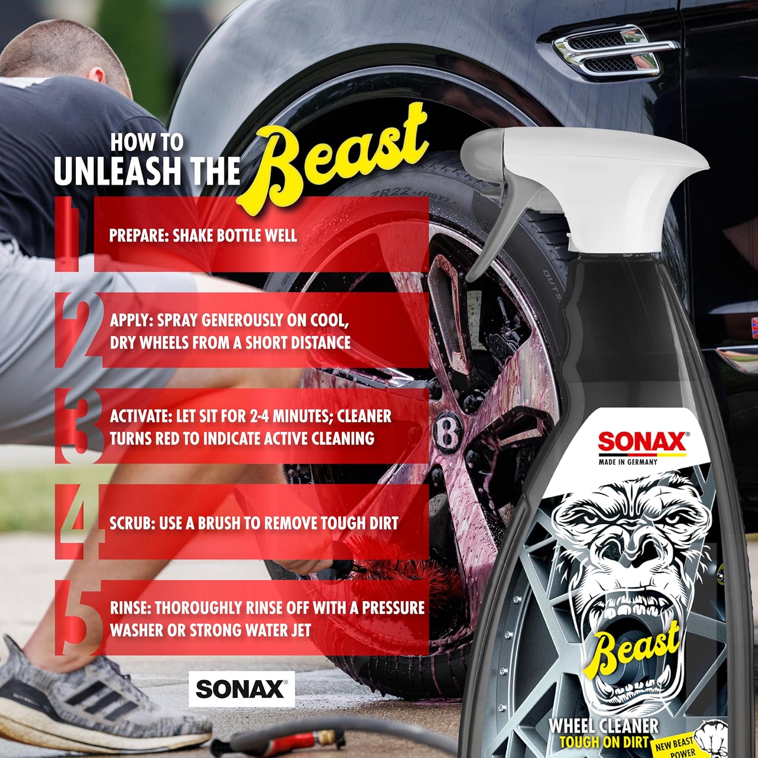 Alternative view of SONAX Beast Wheel Cleaner | Brake Dust Cleaner | Color Changing Rim Cleaner | Strong Wheel Cleaner | Easy Wheel and Rim Cleaner | Removes Baked On Brake Dust | 1 Liter | 33.8 fl oz