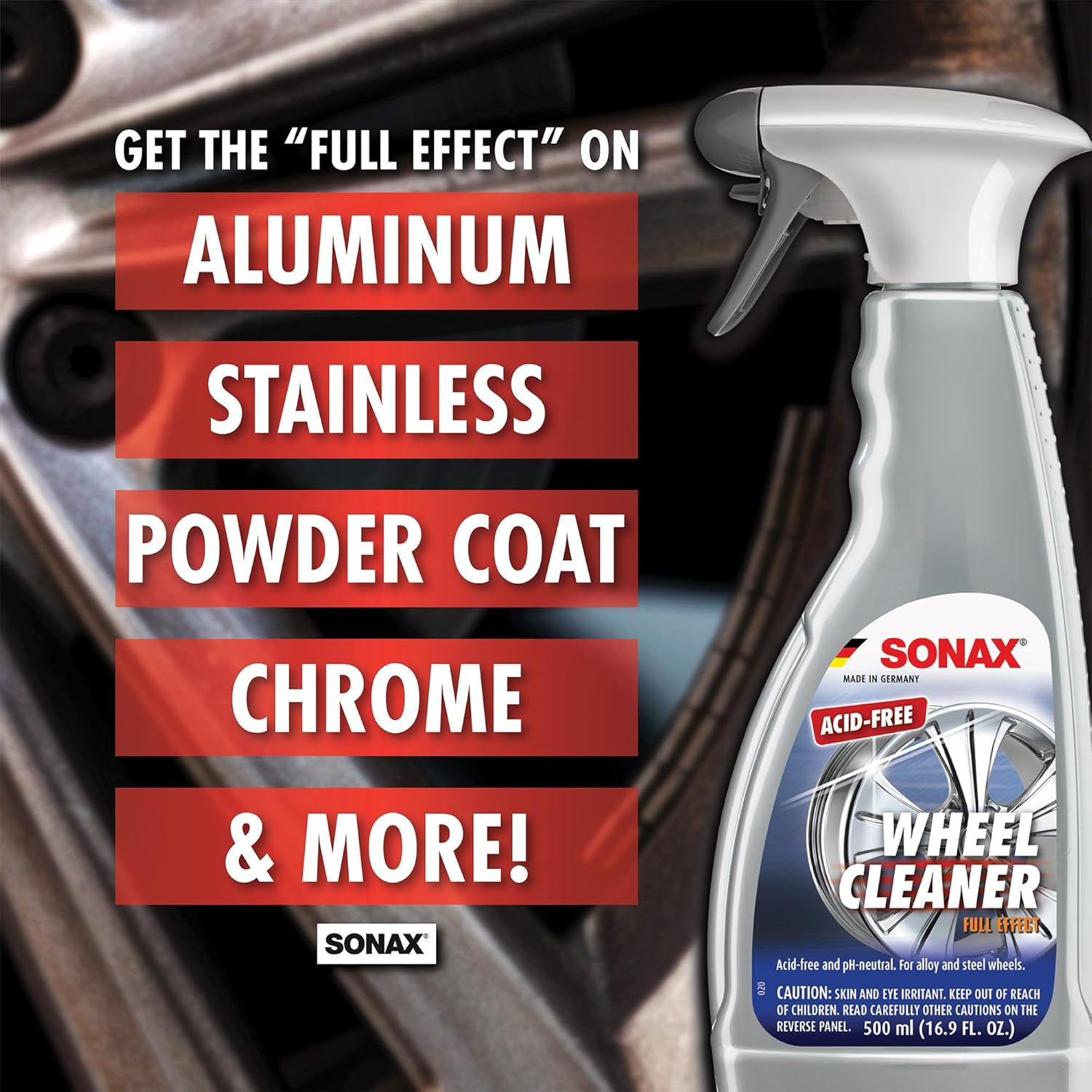 SONAX Full Effect Wheel Cleaner 230500 | Heavy-Duty Brake Dust Remover for All Wheels | Safe on Painted, Alloy, Chrome & Stainless Steel | pH Neutral, Acid-Free, with Color-Changing Action | 5 Liter