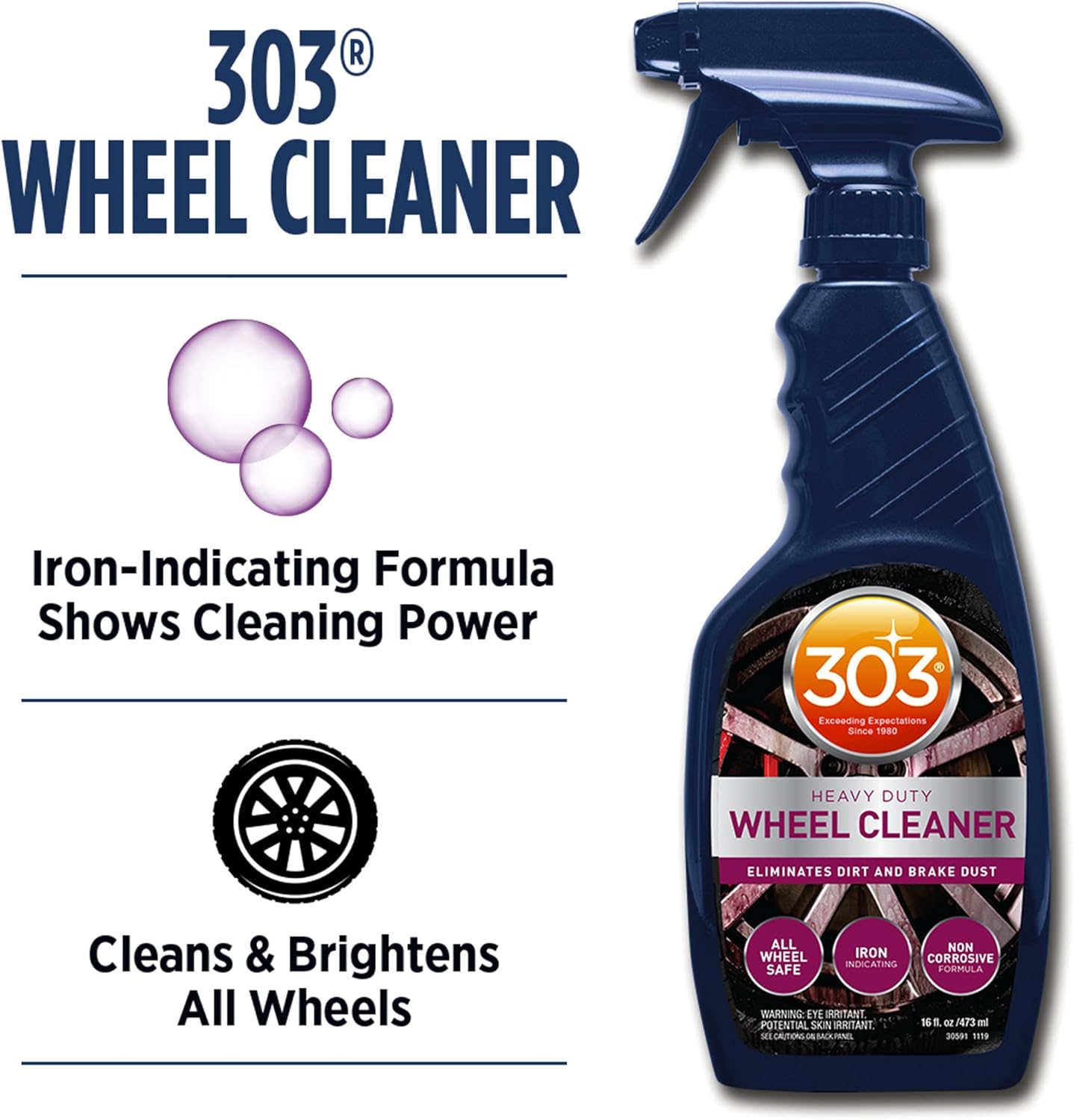 303 Products Heavy Duty Wheel Cleaner - Rim Cleaner for Car - Brake Dust Remover - All Wheel Safe - Iron Indicating Formula - Non Corrosive Formula, 15.5 fl. oz. (30597CSR) Packaging May Vary