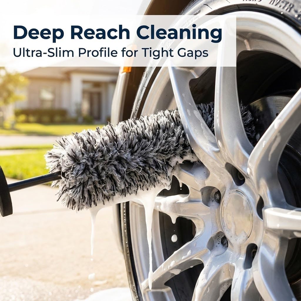 Faqeegi 9PCS Professional Wheel Detailing Kit - Microfiber Flat Rim Brush w/Removable Cover, Boar Hair Detail Brush, Cleaning Pads, Towel & Storage Bag | Scratch-Free for All Vehicles