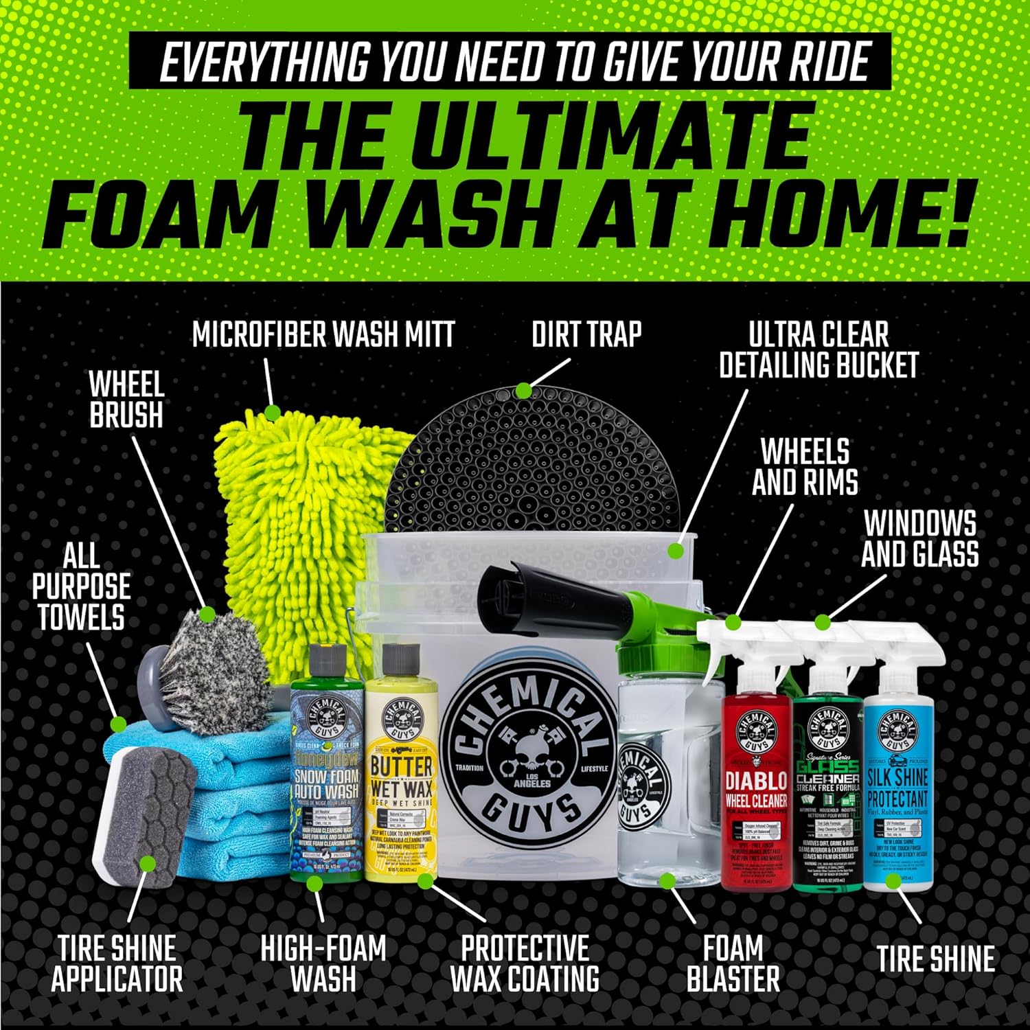 Chemical Guys Car Wash Kit 14-Pc Arsenal Builder - with Foam Blaster, Wash Bucket, Towels, Applicators, and 16 oz Soaps, Waxes, and Cleaners - Complete Car Detailing Gift Set, Works with Garden Hose