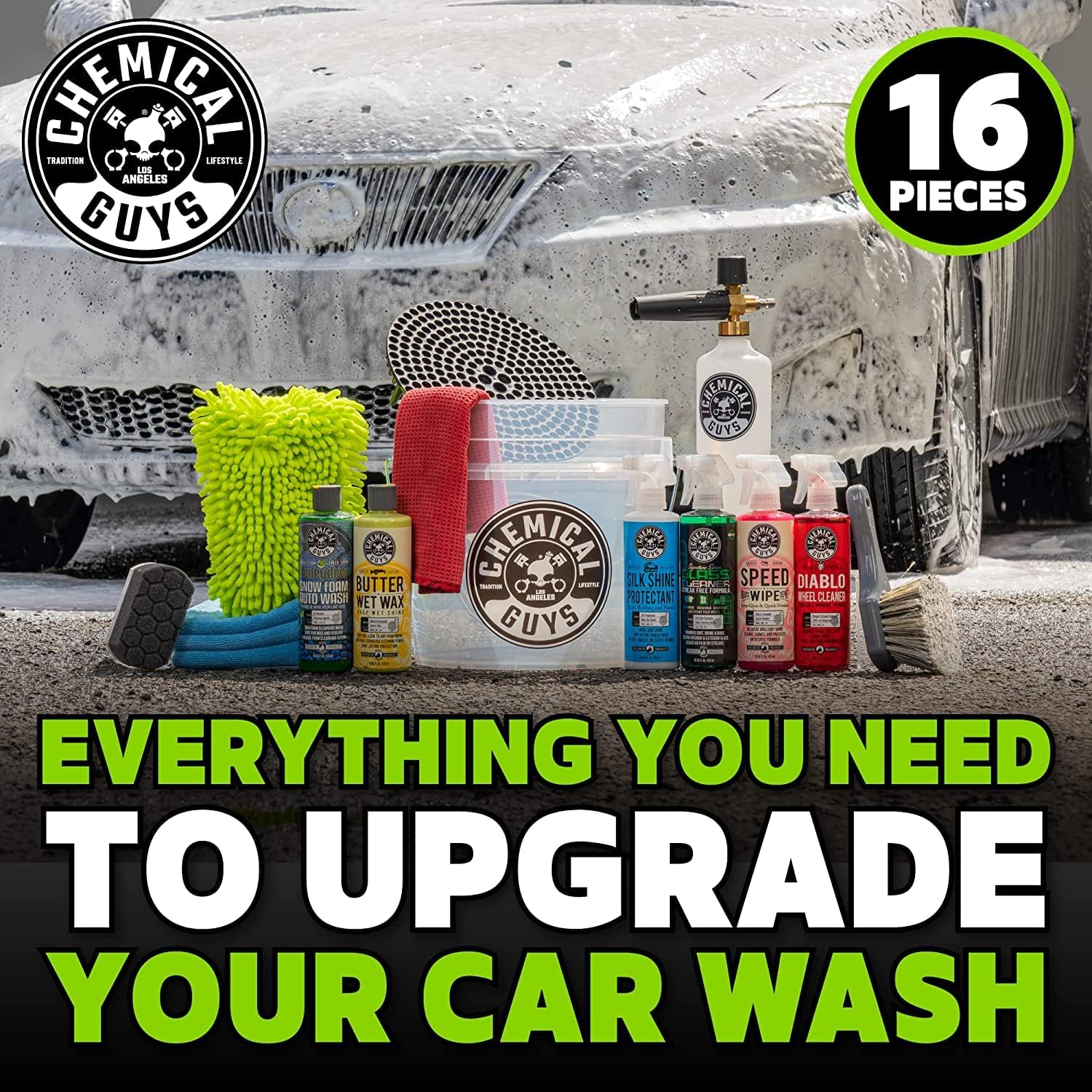 Chemical Guys 16-Piece Arsenal Builder Car Wash Kit with Foam Cannon, Bucket, and 6 x 16 oz Care Chemicals - Car Detailing Kit Works with Pressure Washers, Trucks, SUVs, Motorcycles, and More