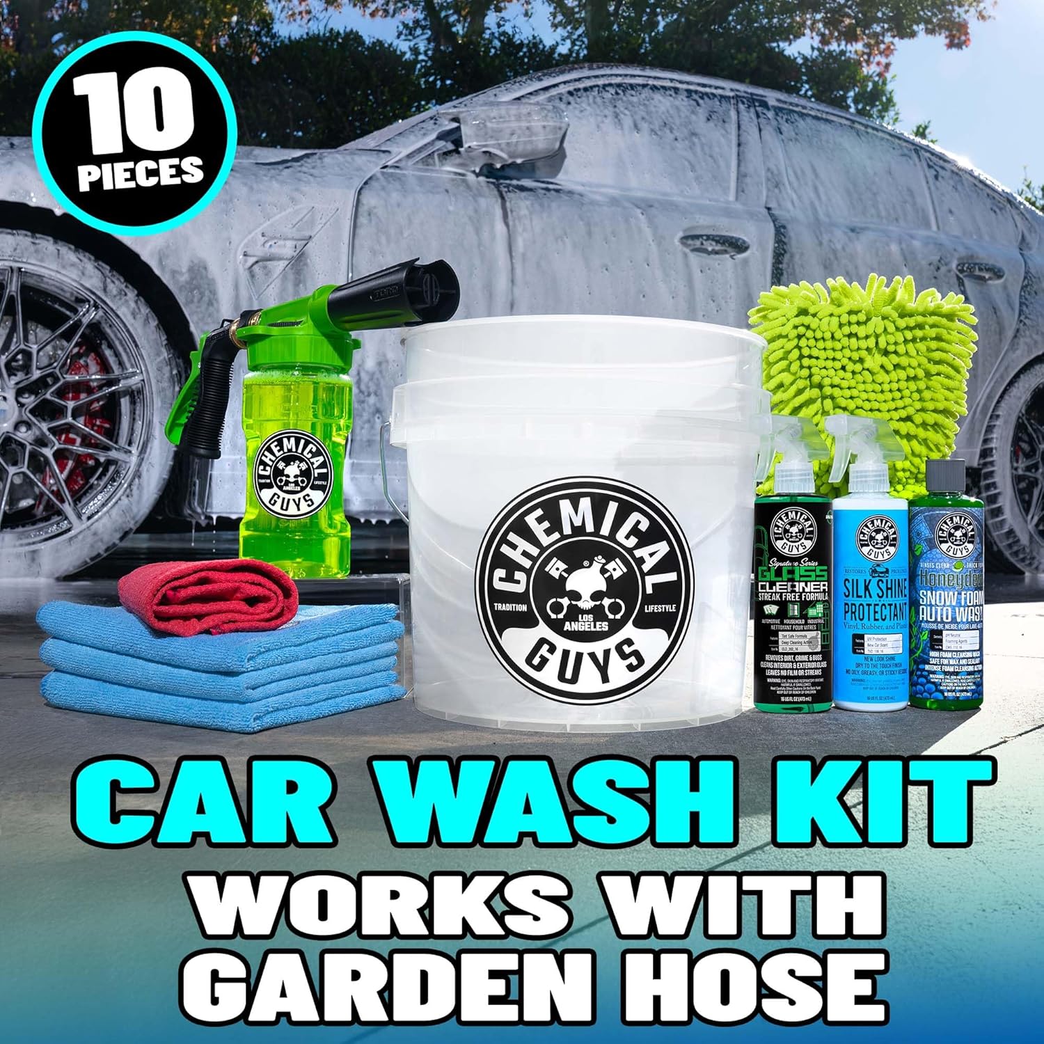 Chemical Guys 10-Piece Arsenal Builder Car Wash Kit with Foam Gun, Bucket, and 3 - 16 fl oz Car Care Products & Chemicals - Works with Garden Hose for Trucks, SUVs, Motorcycles, and More