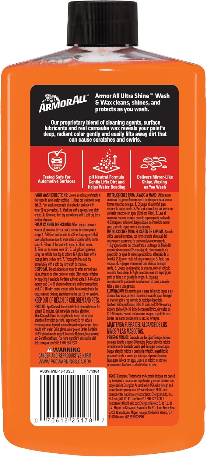 Armor All Ultra Shine Car Wash and Wax, Car Wax and Cleaner for Cars, Trucks and Motorcycles, 16 Fl Oz