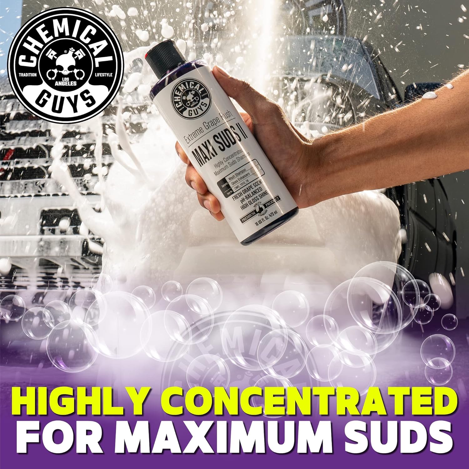 Chemical Guys CWS/1010/64 Maxi-Suds II Foaming Car Wash Soap (Works with Foam Cannons, Foam Guns or Bucket Washes) Safe for Cars, Trucks, Motorcycles, RVs & More, 64 fl. Oz (Half Gallon), Grape Scent