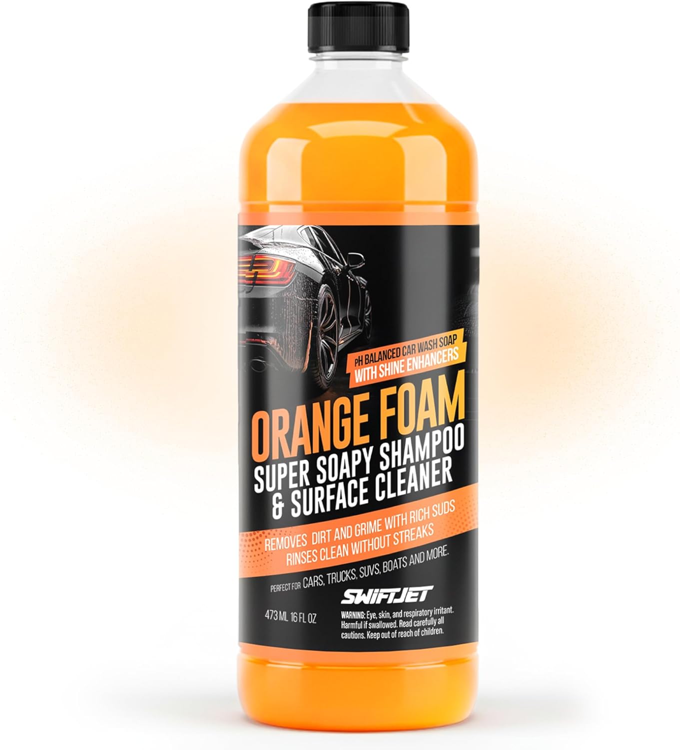 SwiftJet Orange Foam Car Wash Soap u2013 pH Balanced Super Soapy Shampoo & Surface Cleaner u2013 Thick Foaming Suds for Cars, Trucks, SUVs & Boats u2013 Streak-Free Shine, Safe on Wax & Sealant (16 FL OZ)