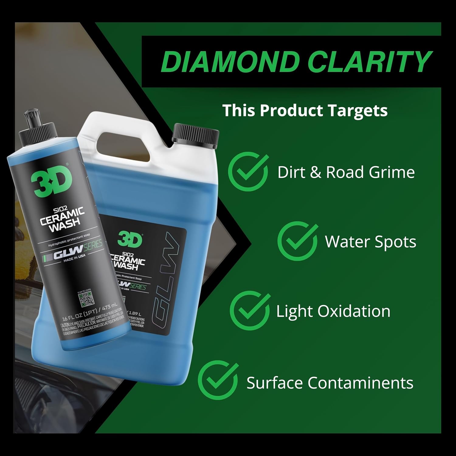Alternative view of 3D SiO2 Ceramic Wash & Wax Soap GLW Series u2013 pH Neutral Car Shampoo with Hydrophobic Protection & Deep Gloss | SiO2 Coating | Scratch-Free Detailing |1 Gallon/64 oz