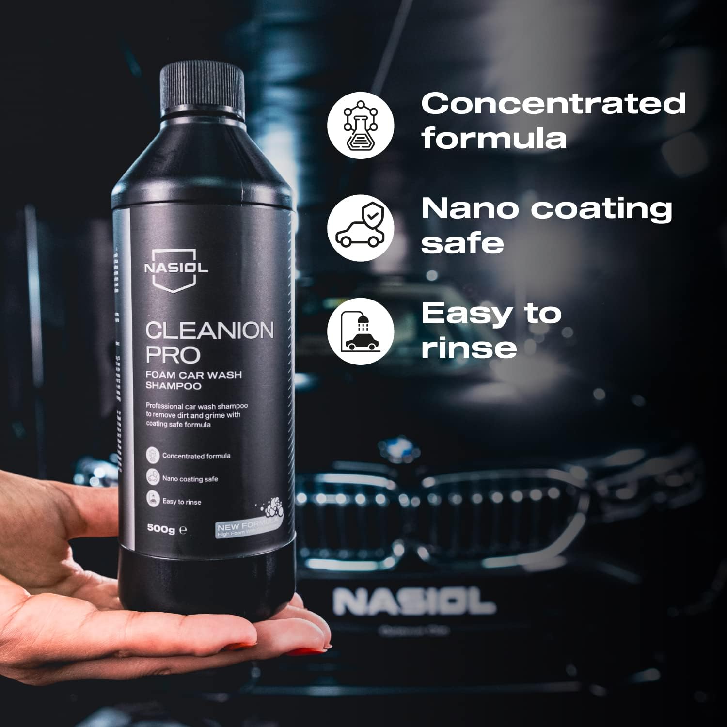 Nasiol Cleanion Pro New Formula Car Concentrated Shampoo-17 Fl-Oz-500 Gr-Citrus Scented Brushless Vehicle Wash, Detailing, Foamy Car Cleaning Shampoo, Best Auto Cleaning Products