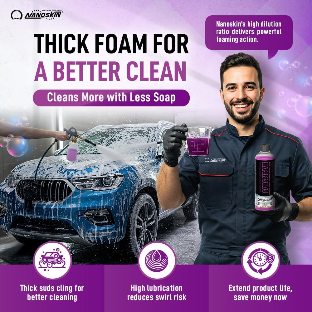 Nanoskin HYPER SUDS Foaming Car Wash Shampoo 1 Gallon - Ultra Concentrated: Works with Foam Cannon, Foam Gun, Bucket Wash, Pressure Washer | Ideal for Use in Mixing/Metering systems | 800:1 Dilution
