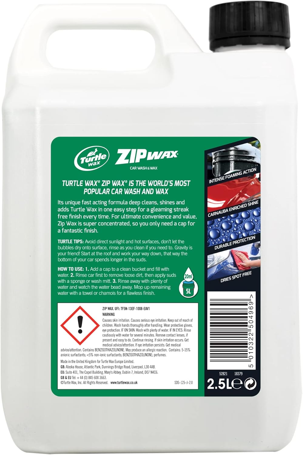 Turtle Wax Zip Wax Car Shampoo 2.5L - Dissolves Tough Stains & Soils with Streak Free Rinsing - Dual Action Concentrated Car Wash & Carnauba Car Wax - Easy to Use, Wash, Rinse & Dry for a Showroom Shine