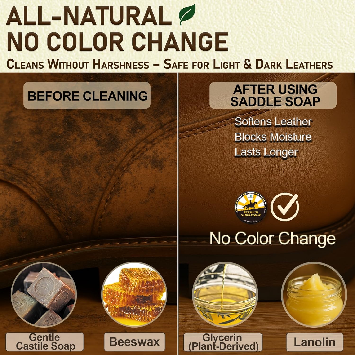 Alternative view of Saddle Soap for Leather – All-Natural 3-in-1 Leather Cleaner & Conditioner Kit with Horsehair Brush & Cloth – For Boots, Bags, Saddles, Car Interiors, Shoes 3.52oz