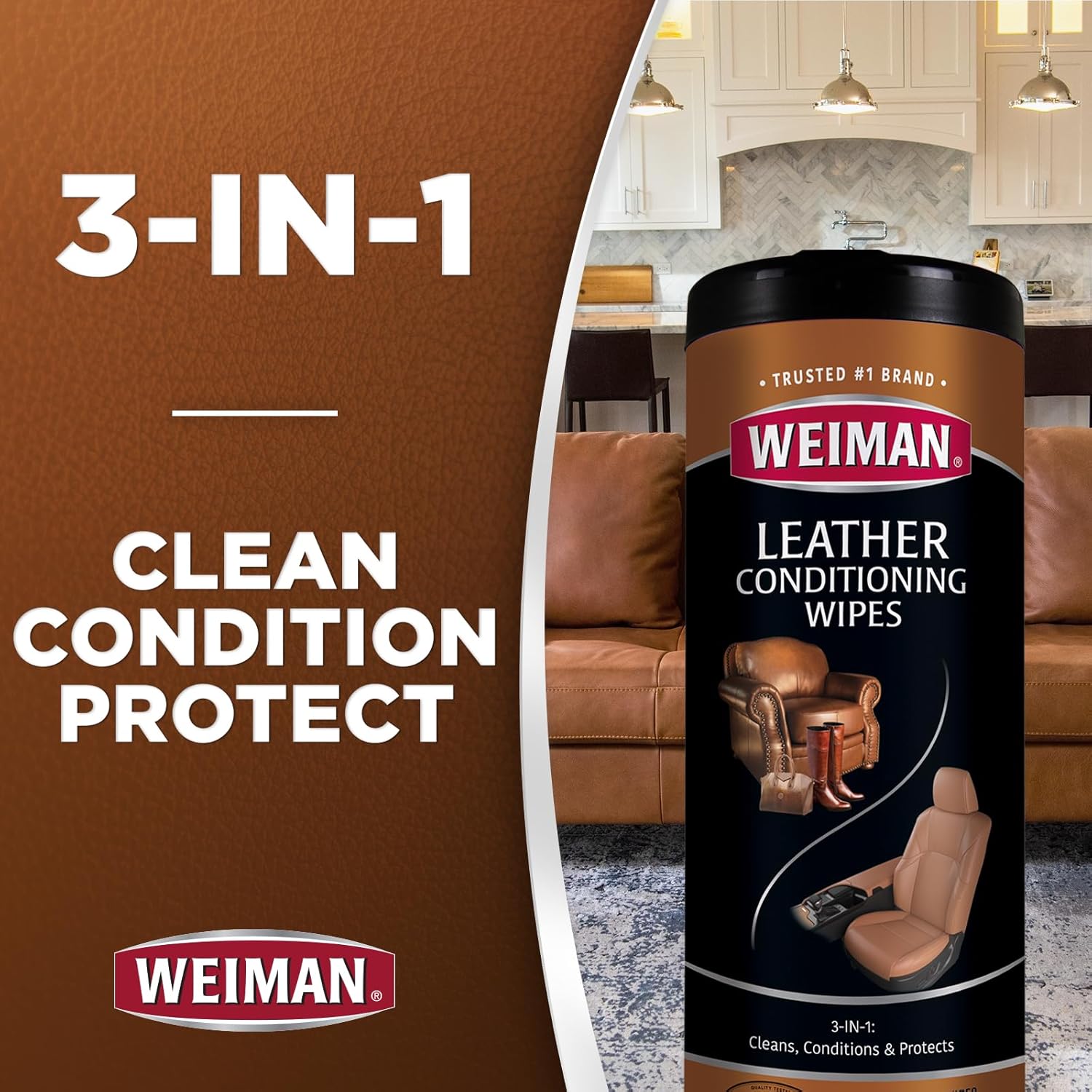 Alternative view of Weiman Leather Cleaner Wipes - Clean Condition UV Protection Help Prevent Cracking or Fading of Furniture, Car Interior, Couch, and Shoes, 2 Pack with Microfiber Cloth