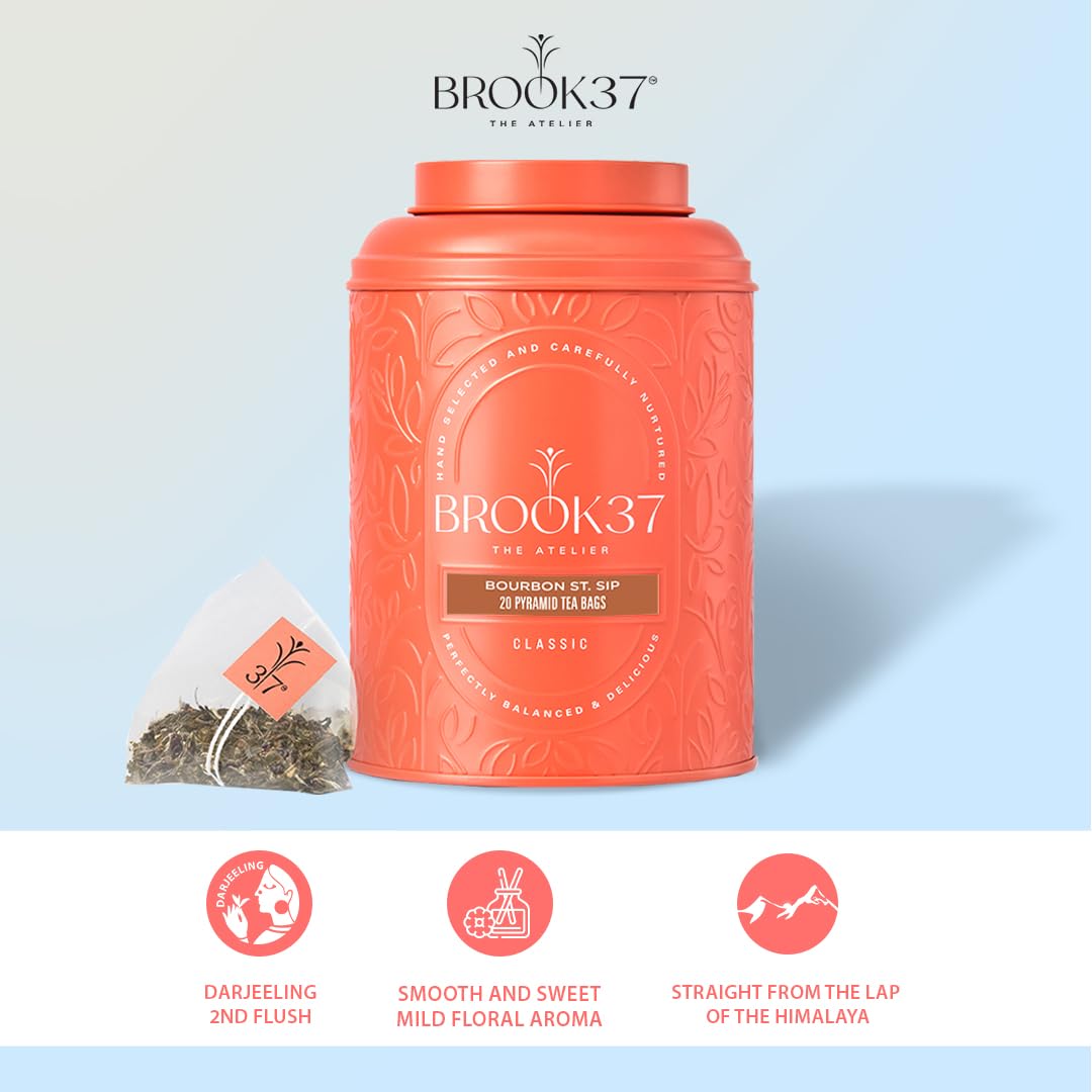 Brook37 Bourbon Street Sip - Premium Exotic 2nd Flush Black Darjeeling Tea | Caffeinated | 20 Tea Bags Canister | Breakfast tea | Award Winning Tea Gifts
