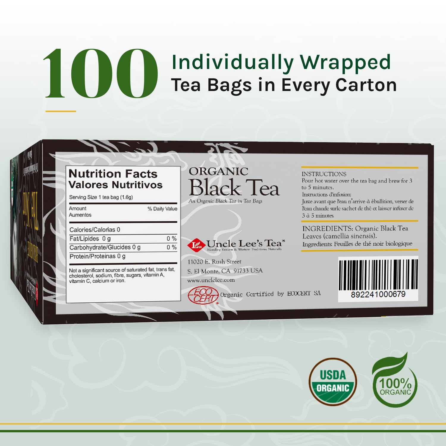 Uncle Lee's Tea Organic Black Tea - Premium Tea, Full-Bodied, Caffeinated Coffee Alternative, Robust Black Tea Bags, Individually Wrapped 100 Count