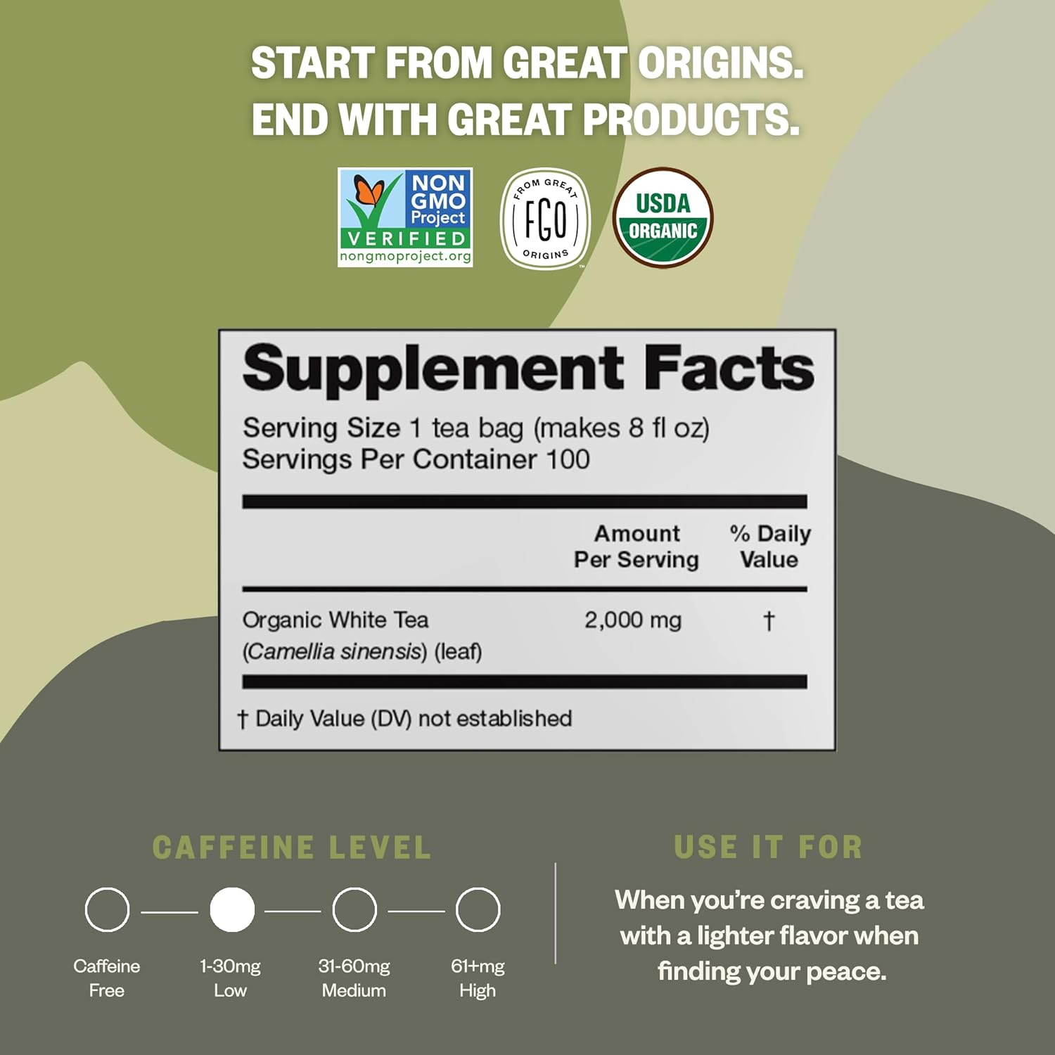 FGO Organic White Tea, 100 Count, Eco-Conscious Tea Bags, Resealable Bag, Packaging May Vary(Pack of 1)