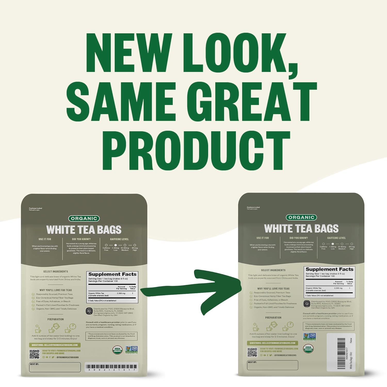 Alternative view of FGO Organic White Tea, 100 Count, Eco-Conscious Tea Bags, Resealable Bag, Packaging May Vary(Pack of 1)