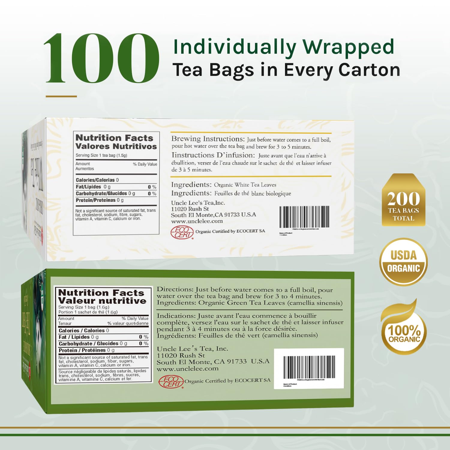 Uncle Lee's Organic White & Green Tea Variety 2-Pack (206 Individually Wrapped Bags) u2013 Lightly Caffeinated Bulk Teas for Home, Office, Camping