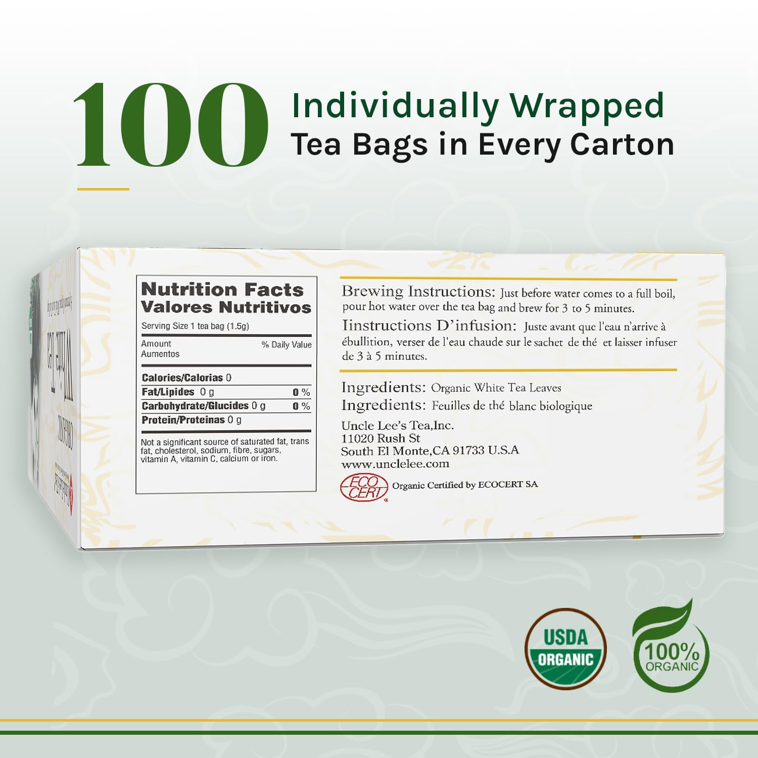 Uncle Lee's Tea Organic White Tea - Premium Tea for Everyday Wellness, Low Caffeine, Antioxidant-Rich White Tea Bags, Individually Wrapped, 100 Count (Pack of 4)