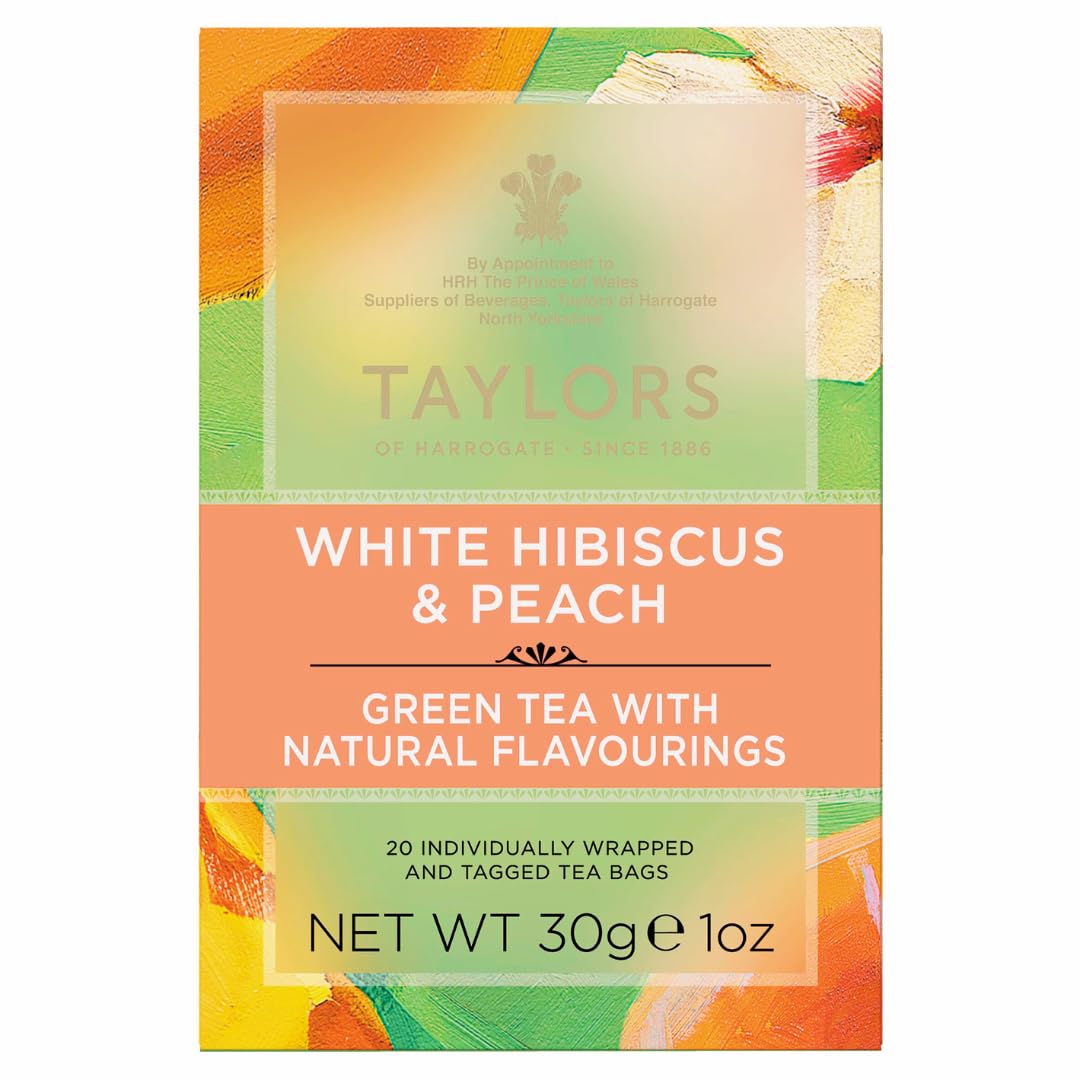 Taylors of Harrogate White Hibiscus & Peach, Green Tea Individually Wrapped Bags, 20 Count (Pack of 1), Delicate, Fruity and Sweet, Caffeinated, Enjoy Hot or Iced, 20 Teabags