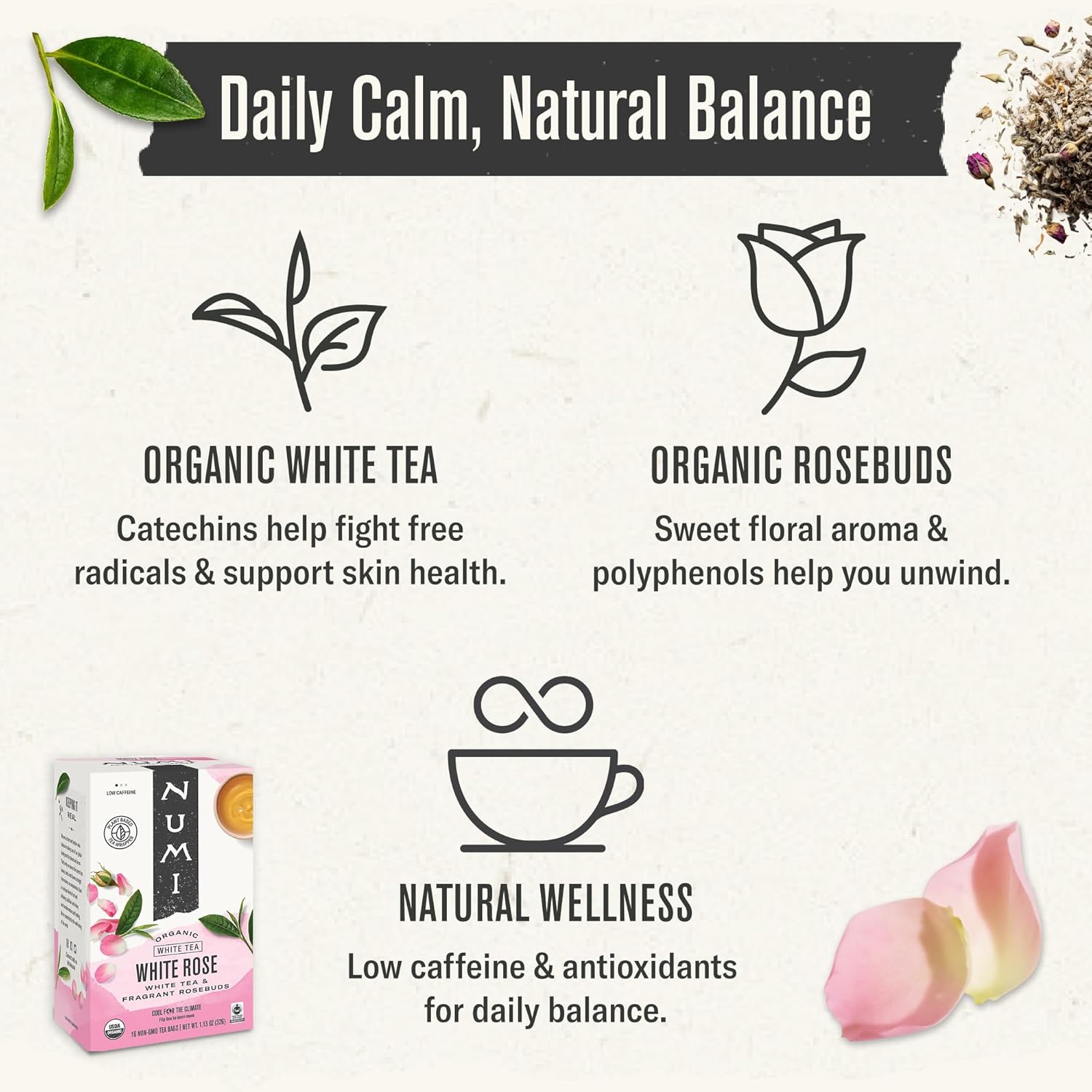 Alternative view of Numi Organic Tea White Rose, 16 Count Box of Tea Bags (Pack of 3) White Tea