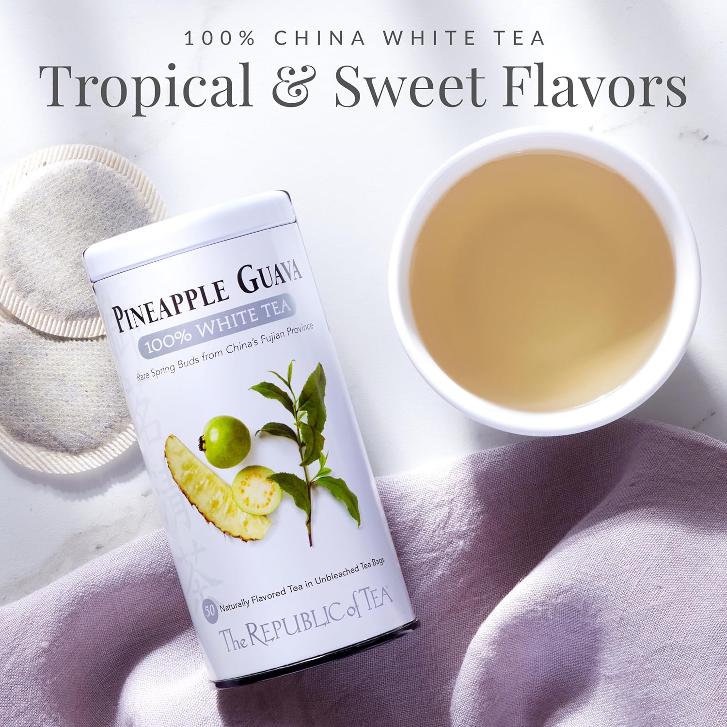 The Republic of Tea u2013 Pineapple Guava 100% White Tea Bags, Steeps 50 Low-Caffeinated Cups