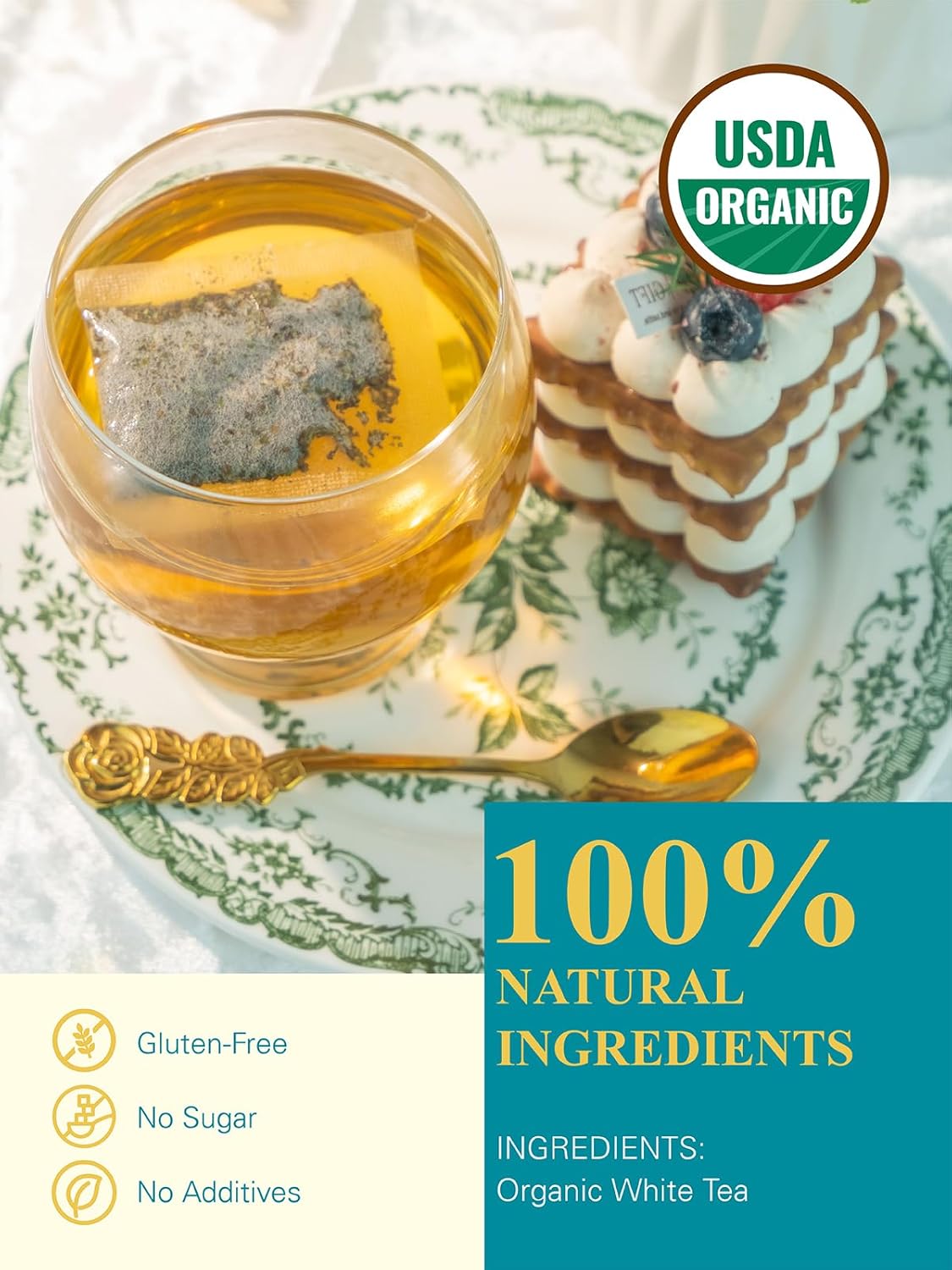 GLDNT Organic White Tea Bags, Natural Premium Organic White Tea, Mellow & Delicate Taste, Caffeinated, 100 Count