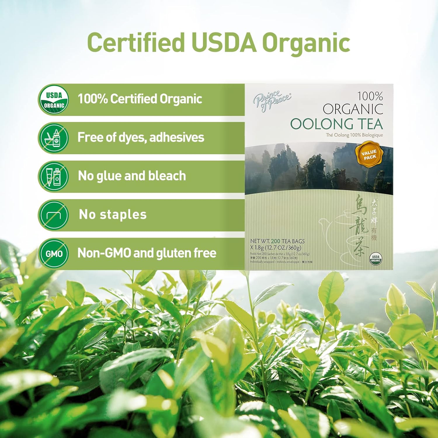 Prince of Peace 100% Organic Oolong Tea, BEST VALUE Family Size, 200 Tea Bags