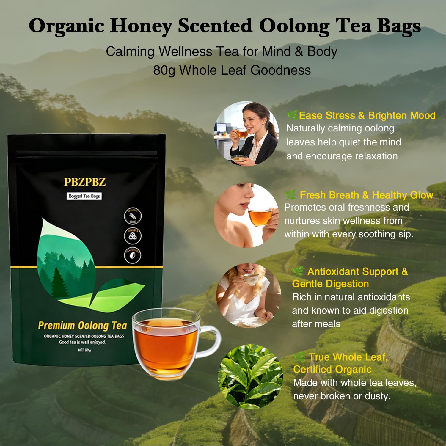 Organic Whole Leaf Oolong Tea Bags | Calming & Relaxing Tea for Daily Stress Relief, Cortisol Balance & Digestive Ease | 20 Bags of Premium Loose Leaf Style Tea | Vegan, Non-GMO | Perfect for Morning Focus & Evening Unwind