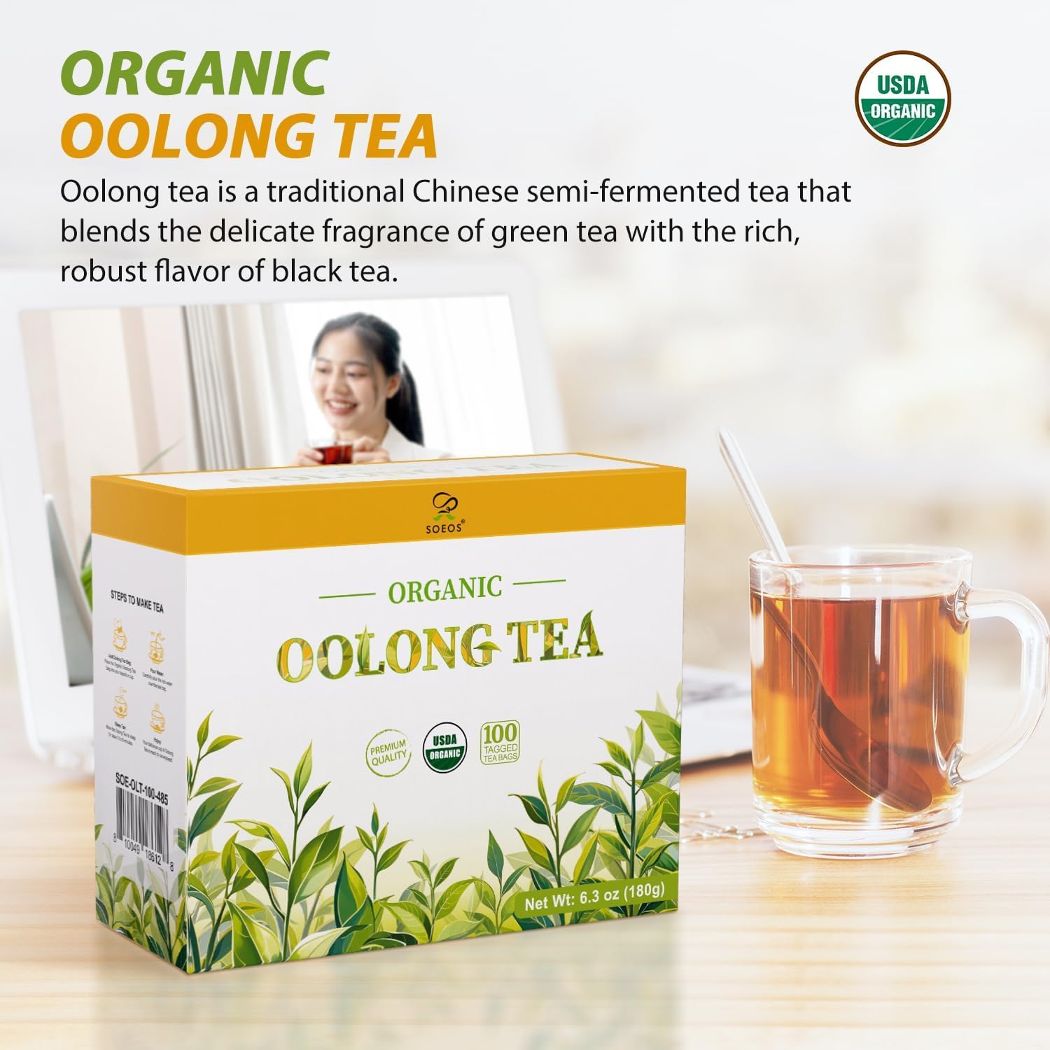 Soeos Organic Oolong Tea, 100 Tea Bags, USDA Certify, Low Caffeine, 6.3 oz (180 g)