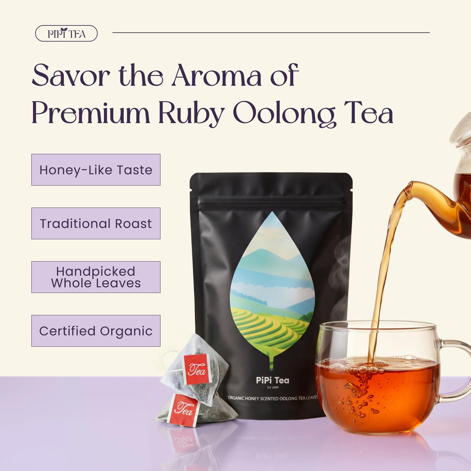 Alternative view of PiPi Tea Organic Oolong Tea Bags u2013 Whole Leaf, 20 Bags (4g Each) u2013 Cortisol & Calming Tea for Anxiety, Stress, Weight Loss u2013 Bulk Loose Leaf Oolong Tea