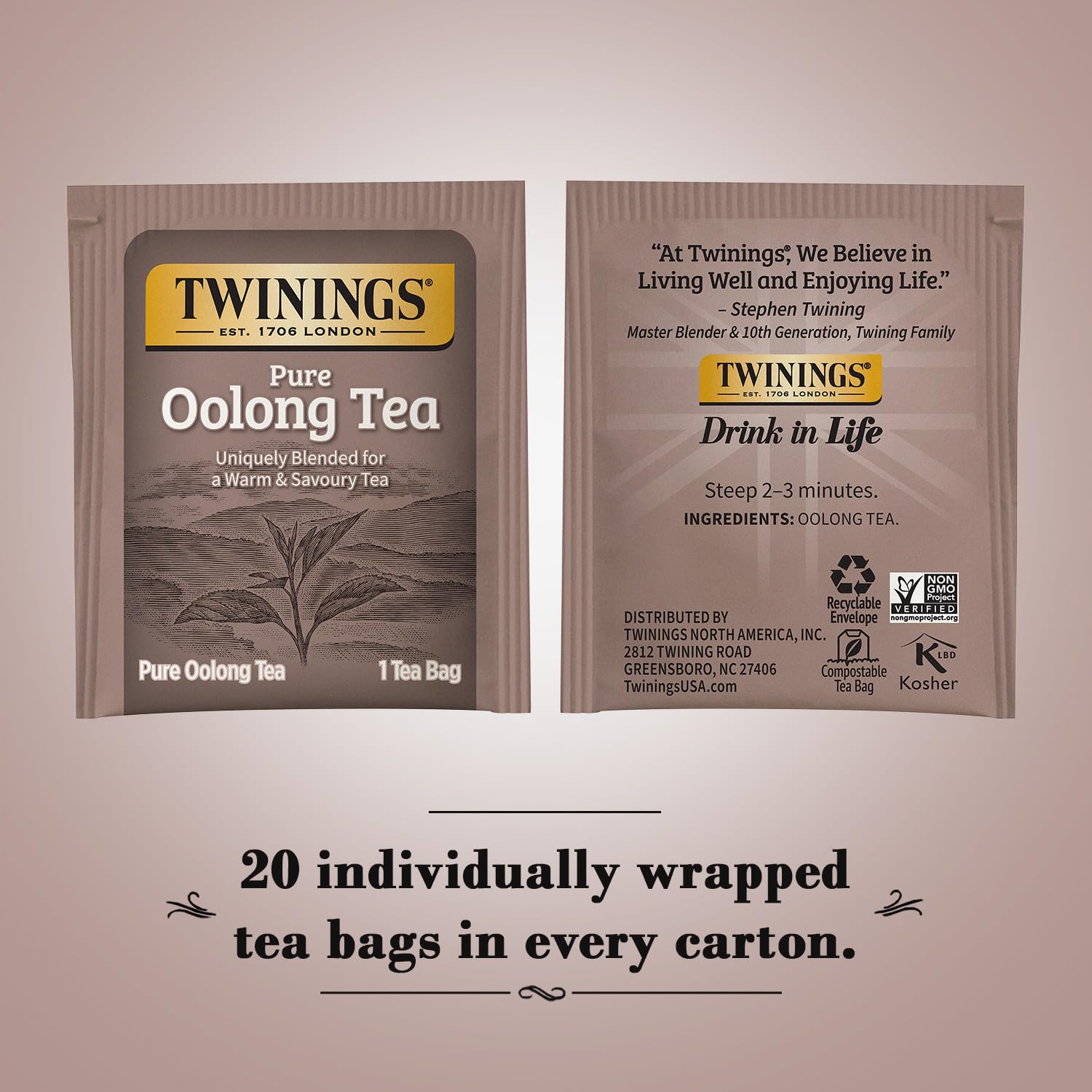 Twinings Pure Oolong Tea – Golden Caffeinated Tea, Individually Wrapped Tea Bags, 20 Count