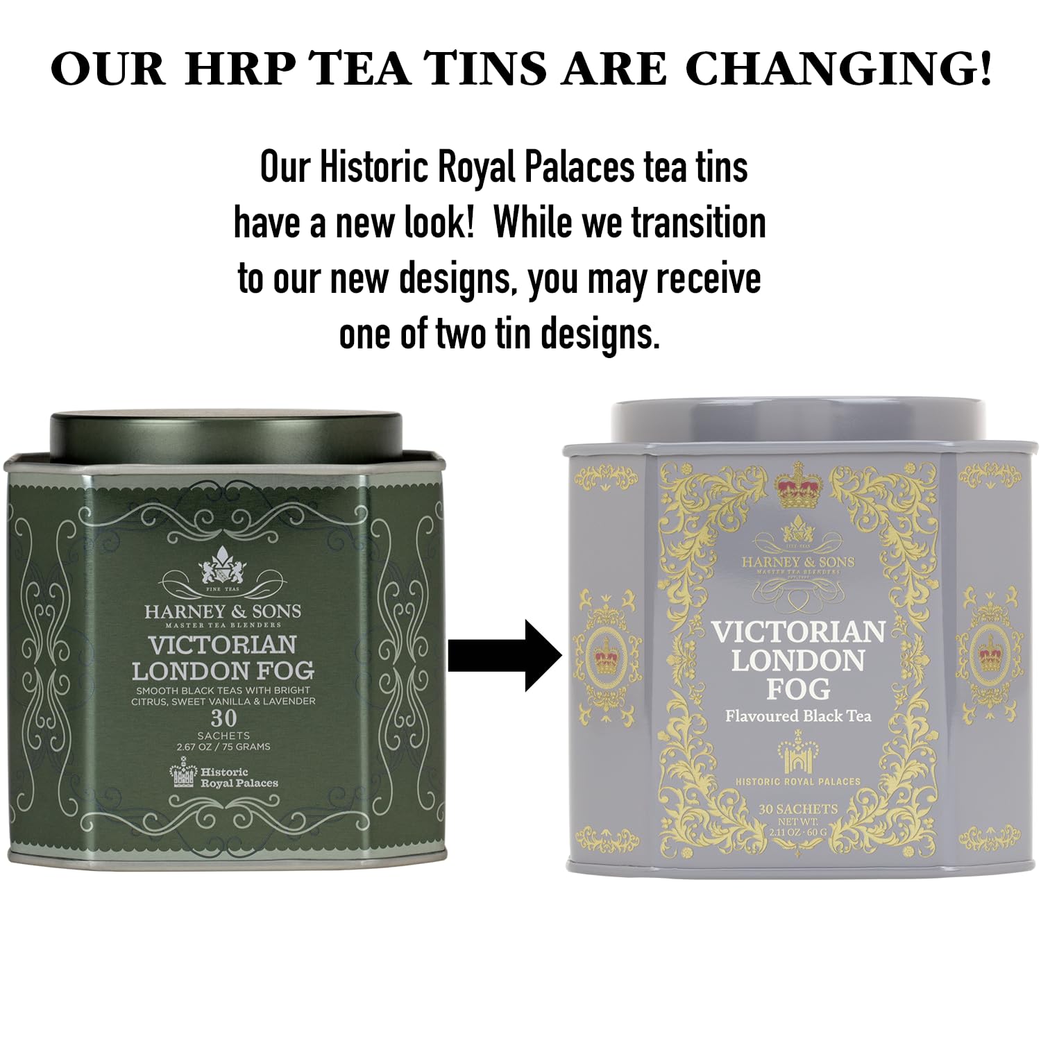 Harney & Sons Victorian London Fog Tea, Black and Oolong Tea with Citrus, Vanilla and Lavender | 30 Sachets, Historic Royal Palaces Collection (Tin Design May Vary)