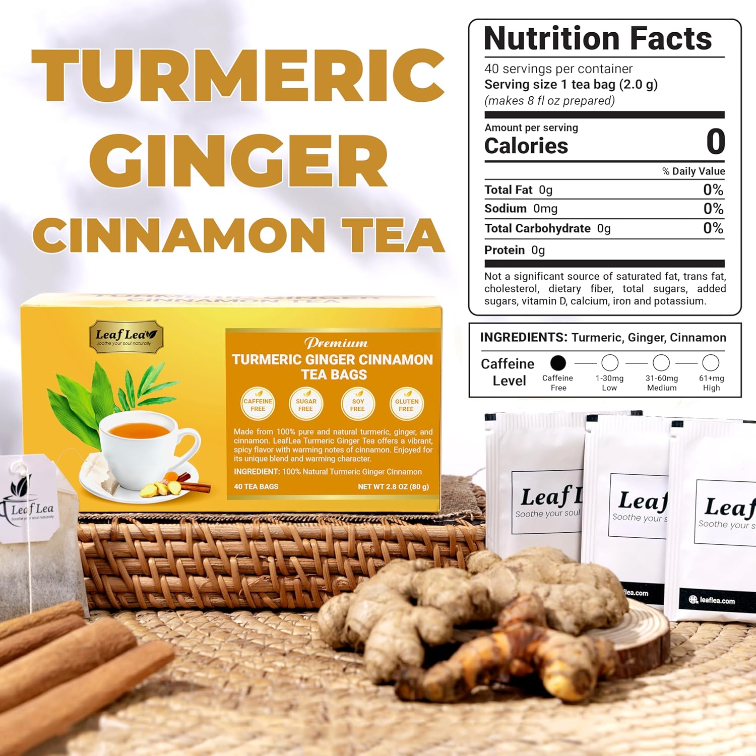 LeafLea 40 Turmeric Ginger Cinnamon Tea Bags, 100% Natural Ingredients Herbal Tea, Turmeric Ginger Herbal Blend for Wellness, Vegan, No Sugar, Caffeine-Free, Individually Wrapped for Freshness