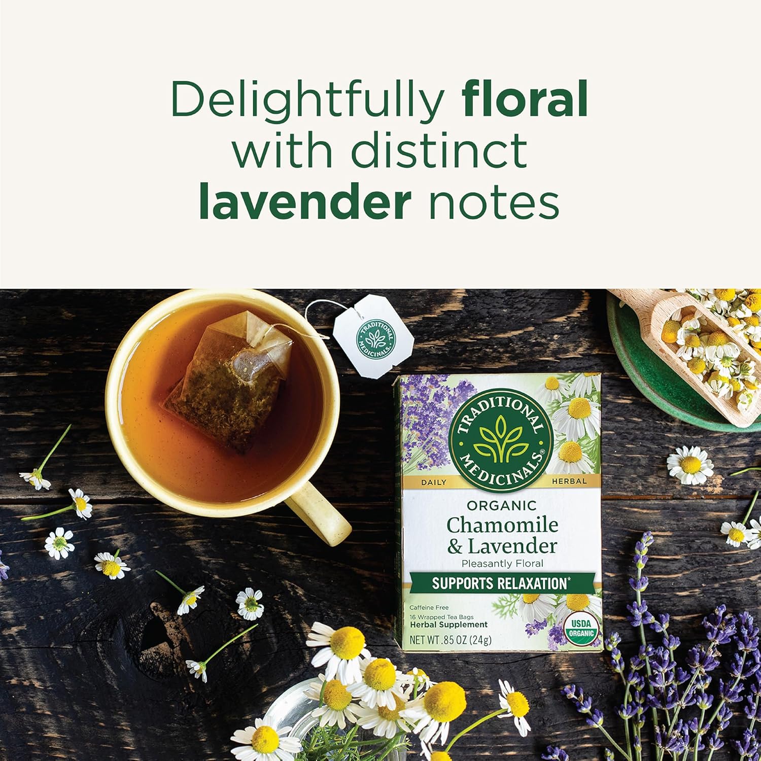 Alternative view of Traditional Medicinals Organic, Chamomile & Lavender - Chamomile Tea Supporting Stress Relief and Relaxation - Kosher, Non-GMO, Caffeine-Free, Compostable - 16 Tea Bags