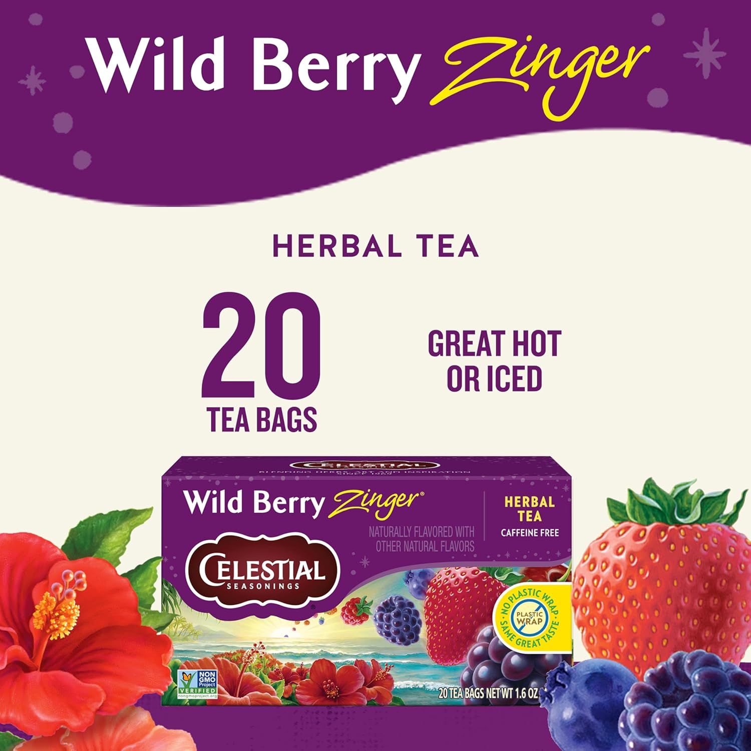 Celestial Seasonings Wild Berry Zinger Herbal Tea, Caffeine Free, 20 Tea Bags Box