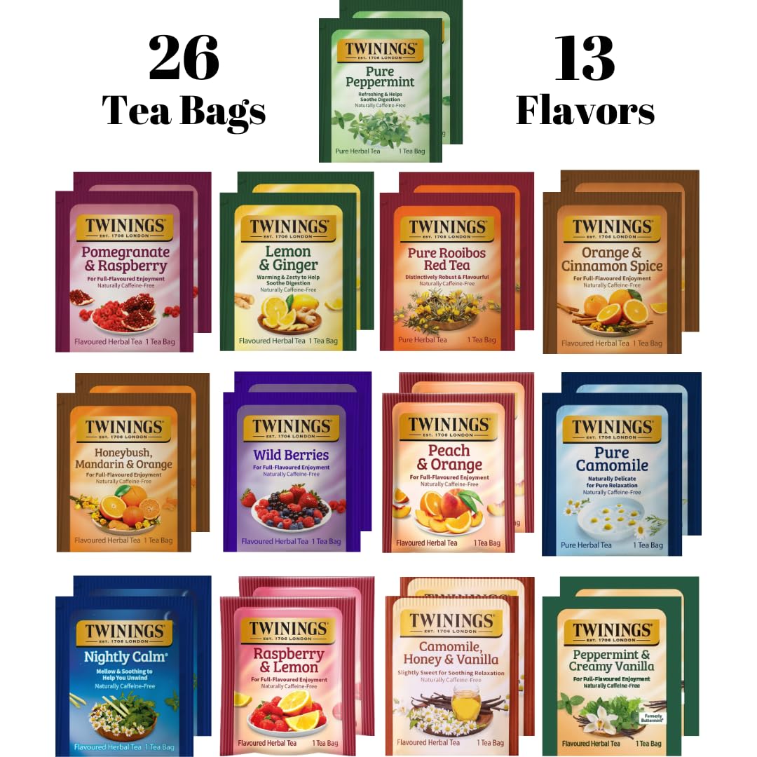 Twinings Herbal Tea Variety Pack - 26 Individually Wrapped Herbal Tea Bags Variety Pack Sampler, 13 Flavors, Caffeine Free (1 Count (Pack of 26))