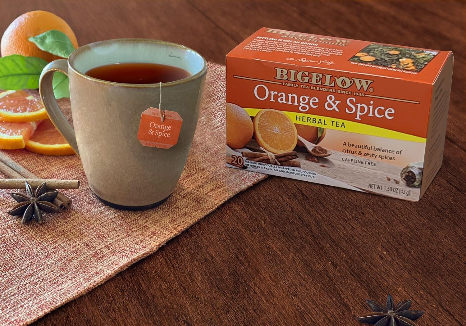 Bigelow Tea Orange & Spice Herbal Teabags, Caffeine Free, 20 Count, Pack of 6