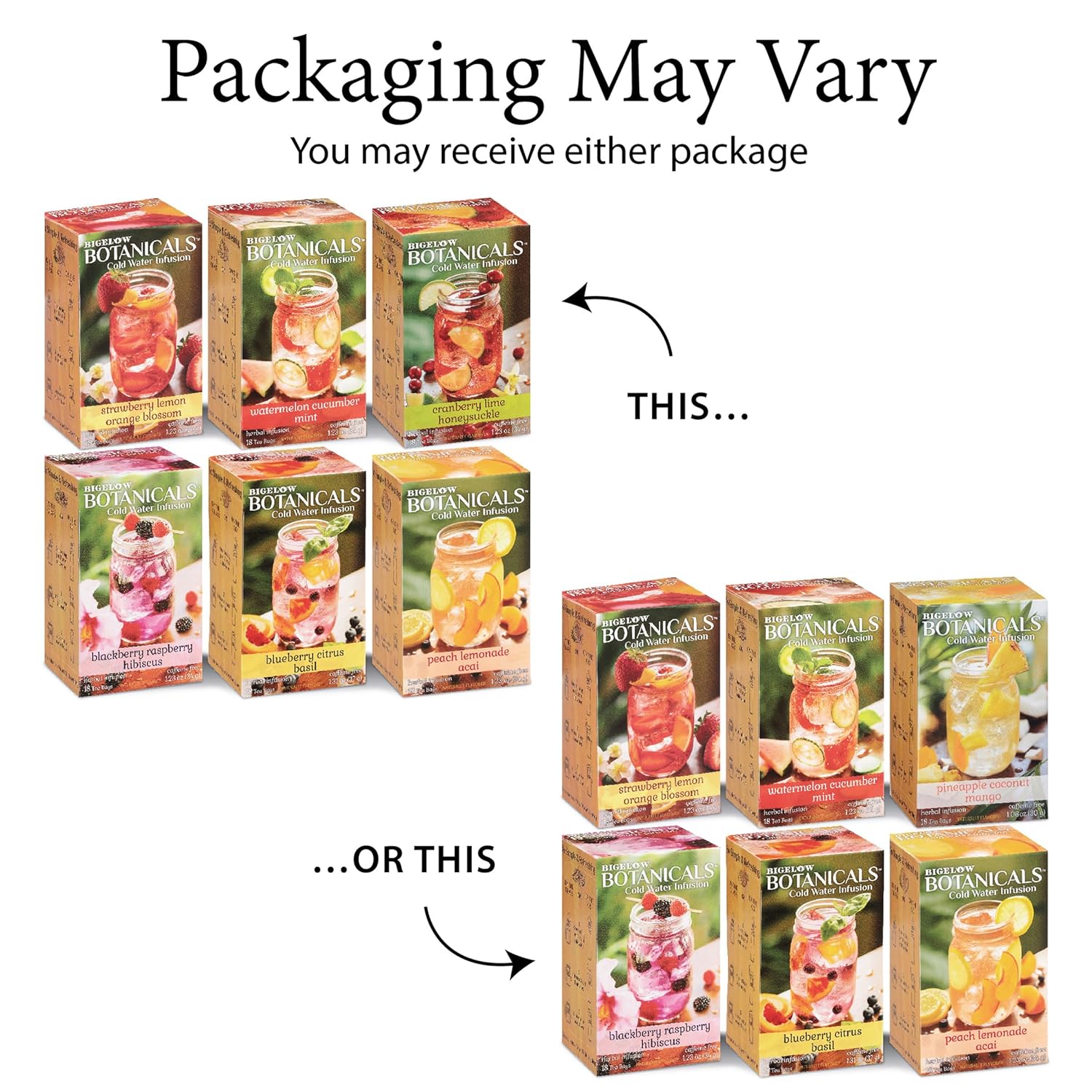 Bigelow Botanicals Cold Water Infusion Herbal Variety Pack, Caffeine Free Tea with Cranberry, Watermelon, Blackberry, Strawberry, Peach & Blueberry Flavor, 18 Count Box (Pack of 6), 108 Total Tea Bags